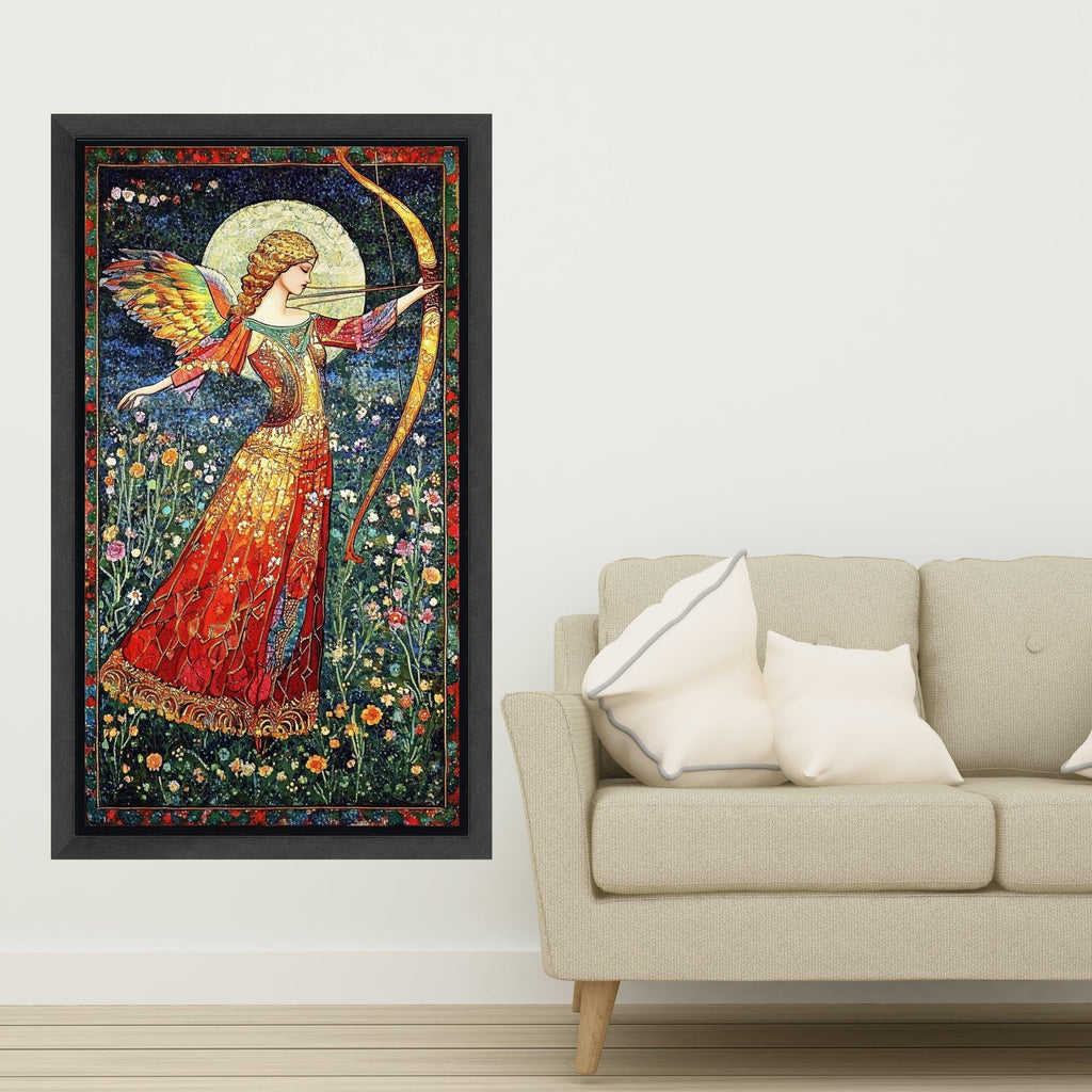 Angelic Archer in Floral Meadow Canvas, Fantasy Wall Art, Mythical Bow and Arrow Painting, Vibrant Winged Figure, Elegant Ready To Hang,