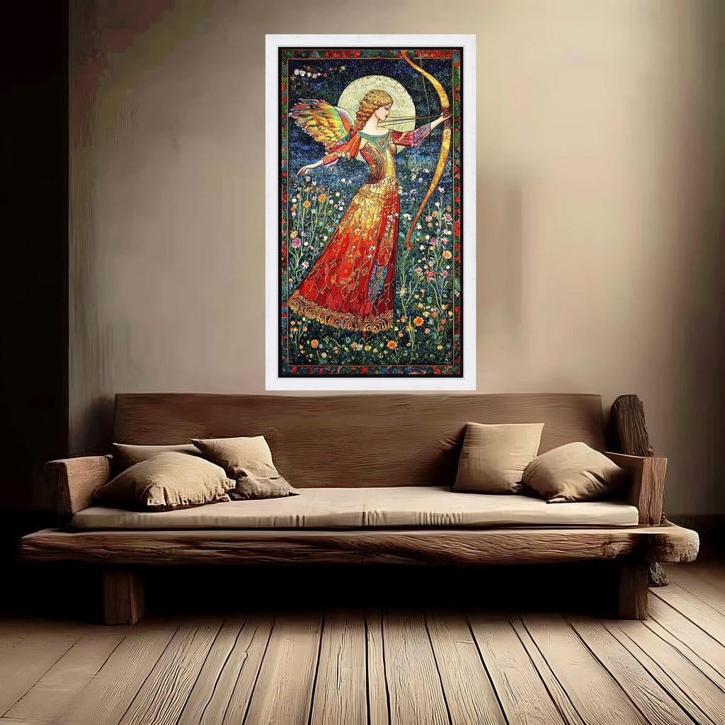 Angelic Archer in Floral Meadow Canvas, Fantasy Wall Art, Mythical Bow and Arrow Painting, Vibrant Winged Figure, Elegant Ready To Hang,