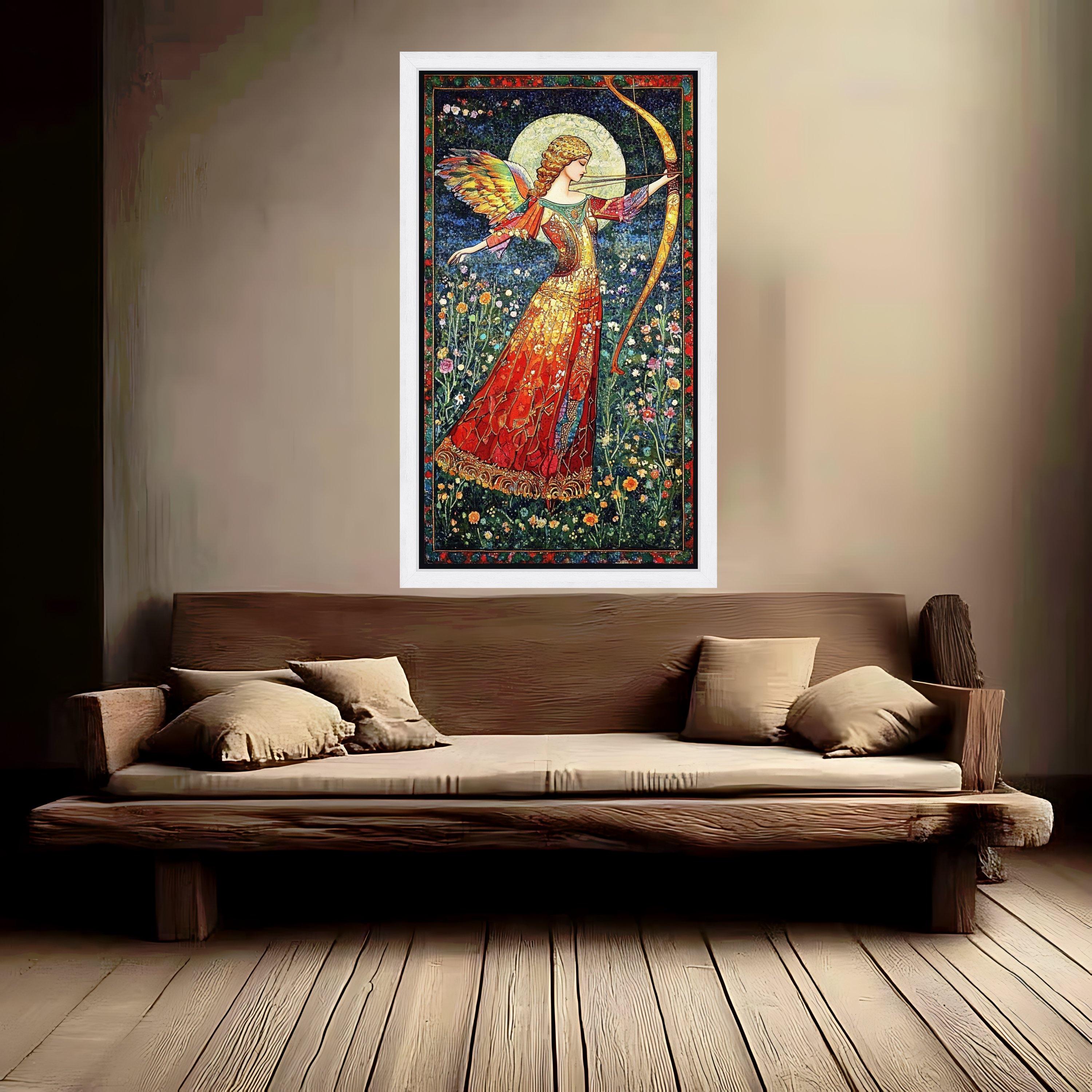 Angelic Archer in Floral Meadow Canvas, Fantasy Wall Art, Mythical Bow and Arrow Painting, Vibrant Winged Figure, Elegant Ready To Hang,