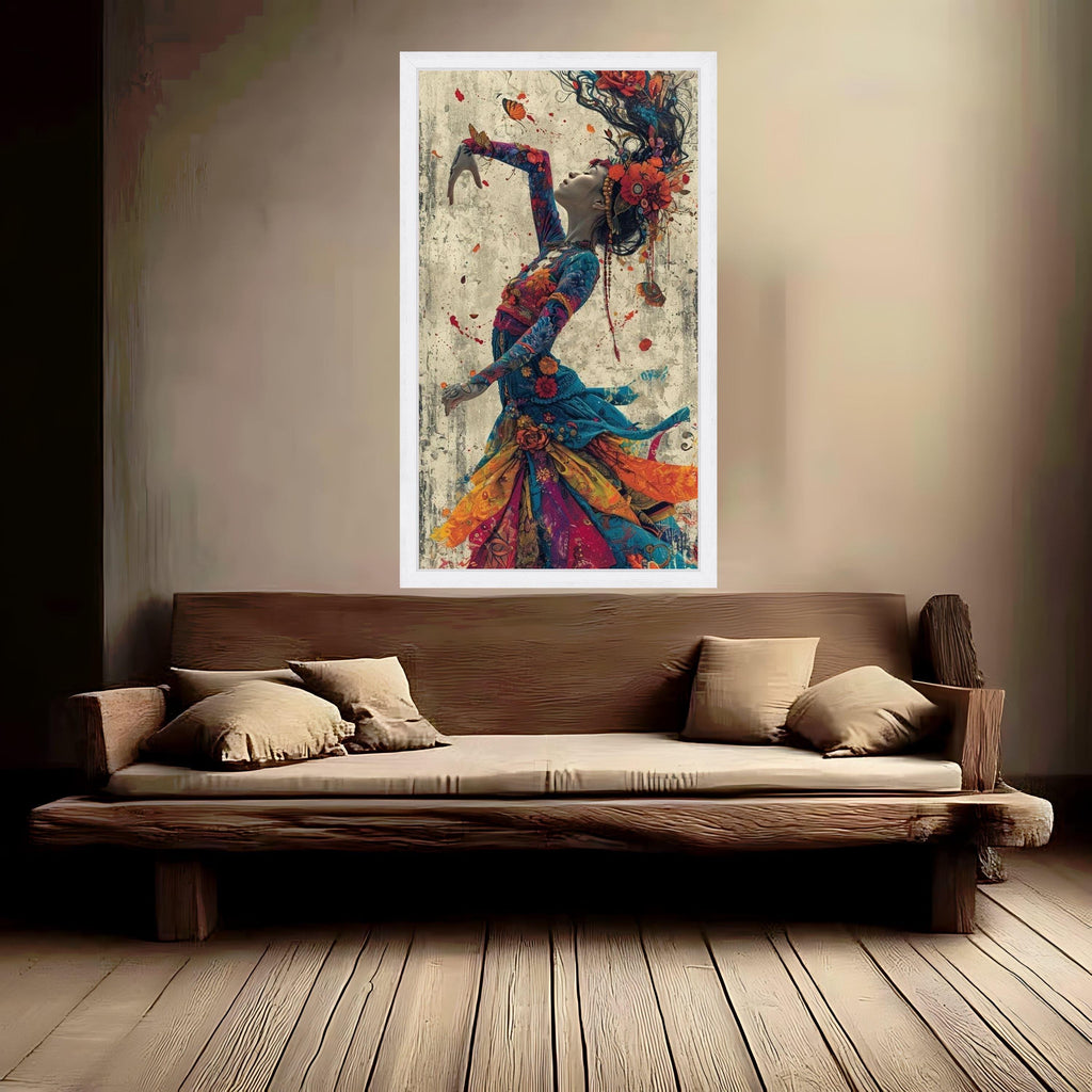 Enchanted Dance Woman, Colorful Floral Dress Canvas, Artistic Portrait Wall Art, Bohemian Style Canvas, Vibrant Home Ready To Hang,