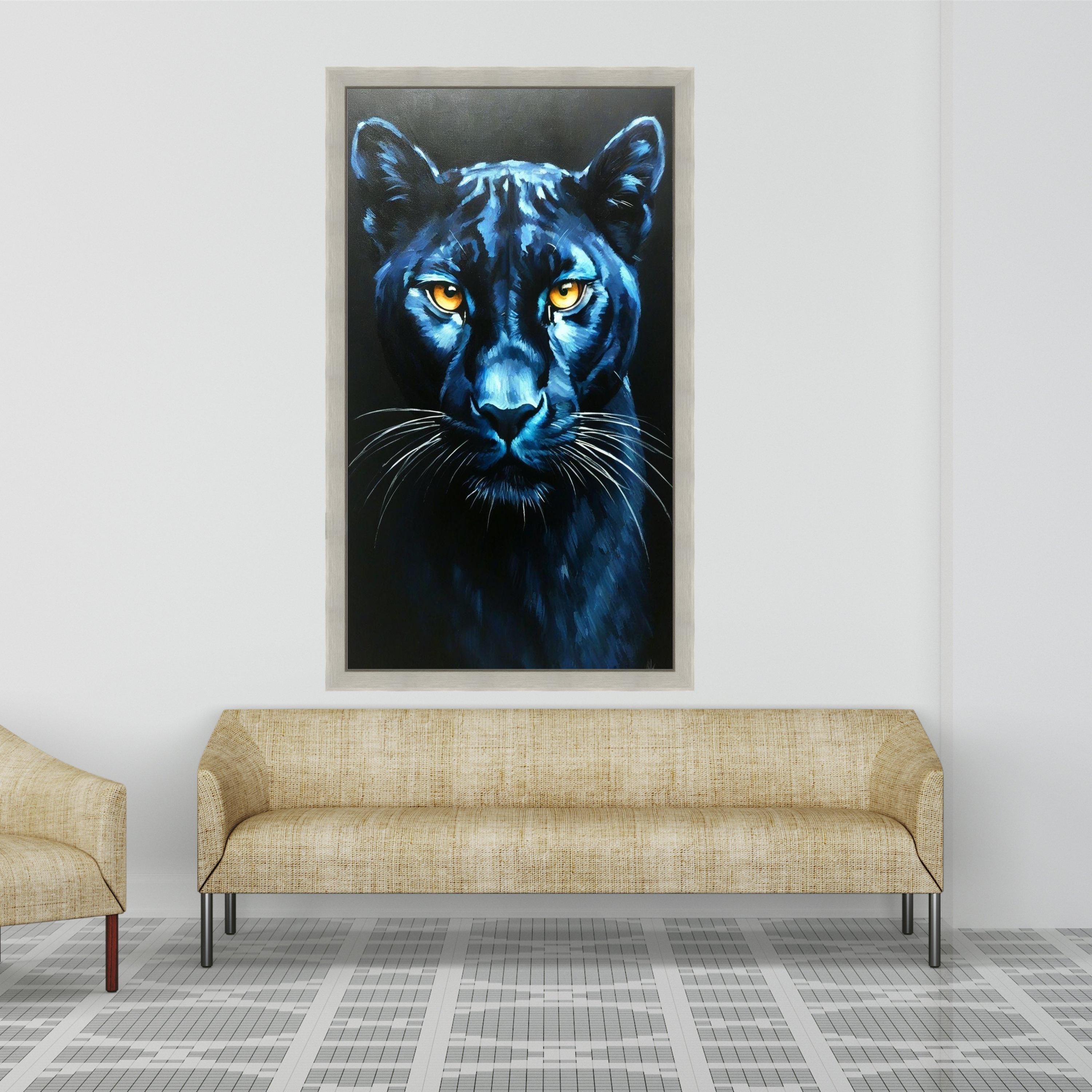 Majestic Black Panther Canvas Wall Art, Blue Toned Animal Portrait, Fierce Wildlife Home Decor, Big Cat Face Painting, Ready Ready To Hang,