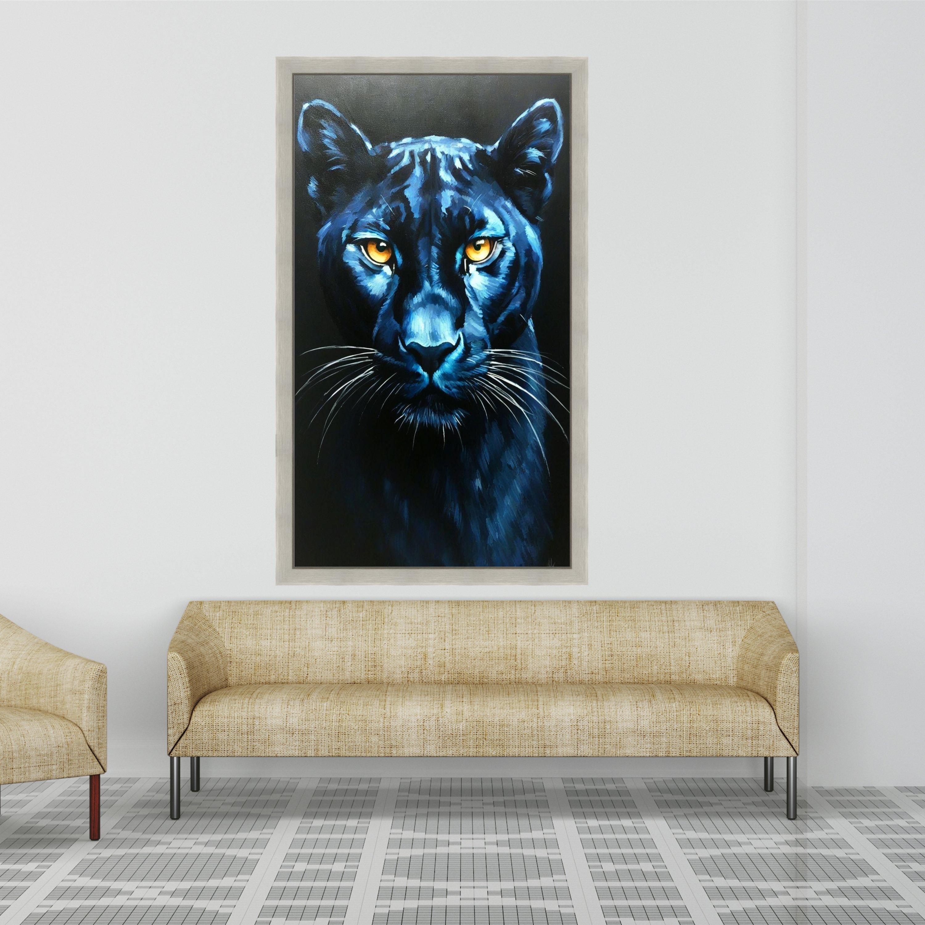 Majestic Black Panther Canvas Wall Art, Blue Toned Animal Portrait, Fierce Wildlife Home Decor, Big Cat Face Painting, Ready Ready To Hang,