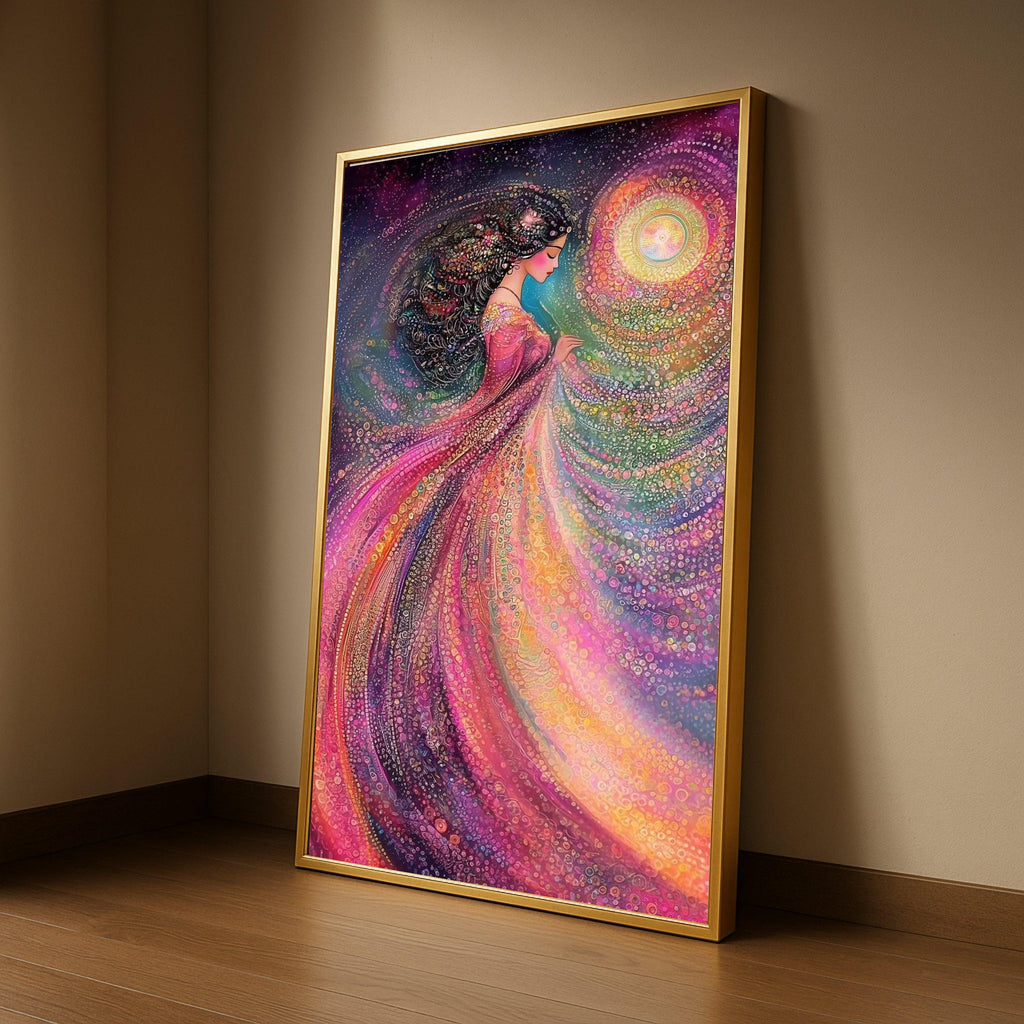 Mystical Woman in Flowing Dress Canvas, Abstract Fantasy Art, Colorful Spiritual Wall Art, Ethereal Female Portrait, Home Ready To Hang,