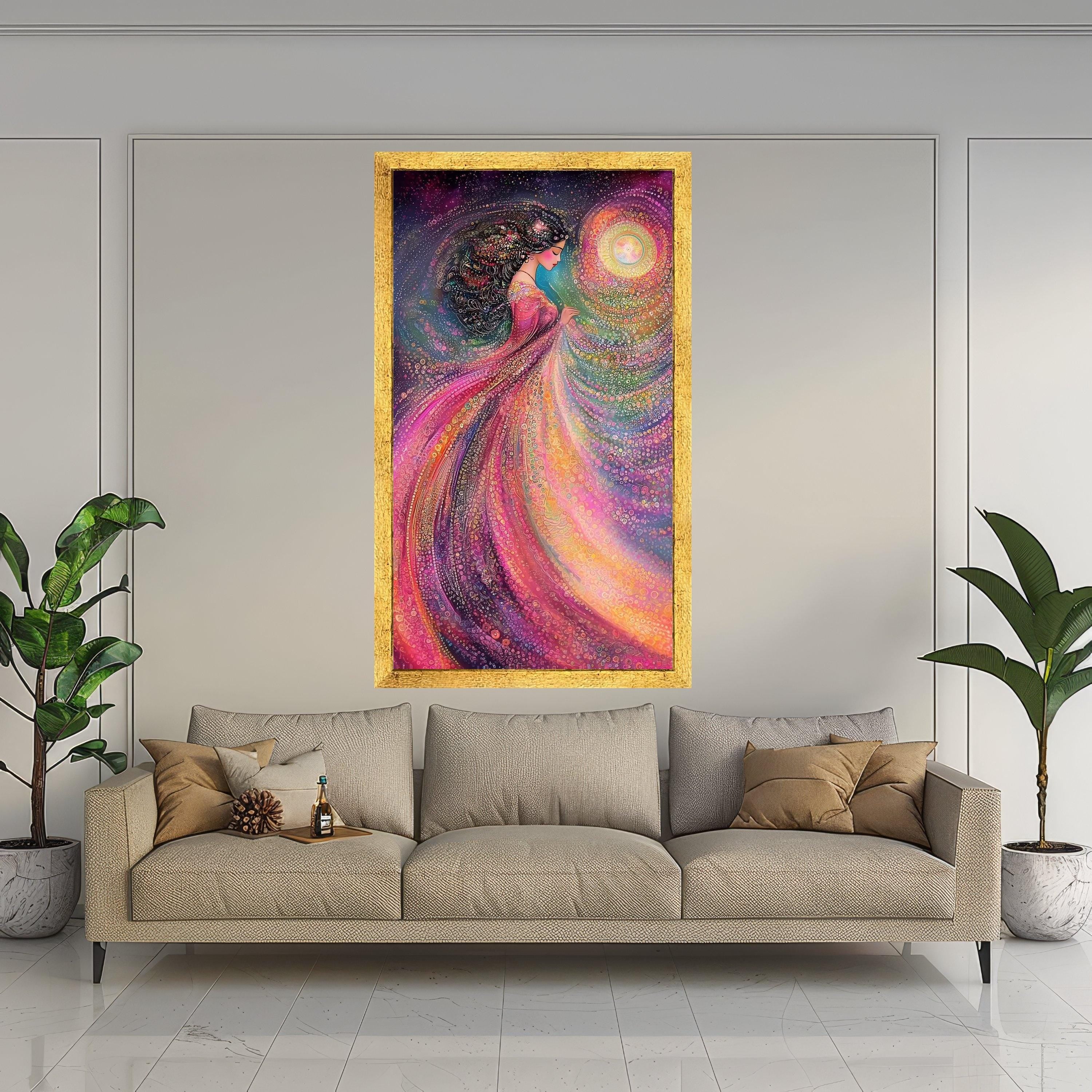 Mystical Woman in Flowing Dress Canvas, Abstract Fantasy Art, Colorful Spiritual Wall Art, Ethereal Female Portrait, Home Ready To Hang,