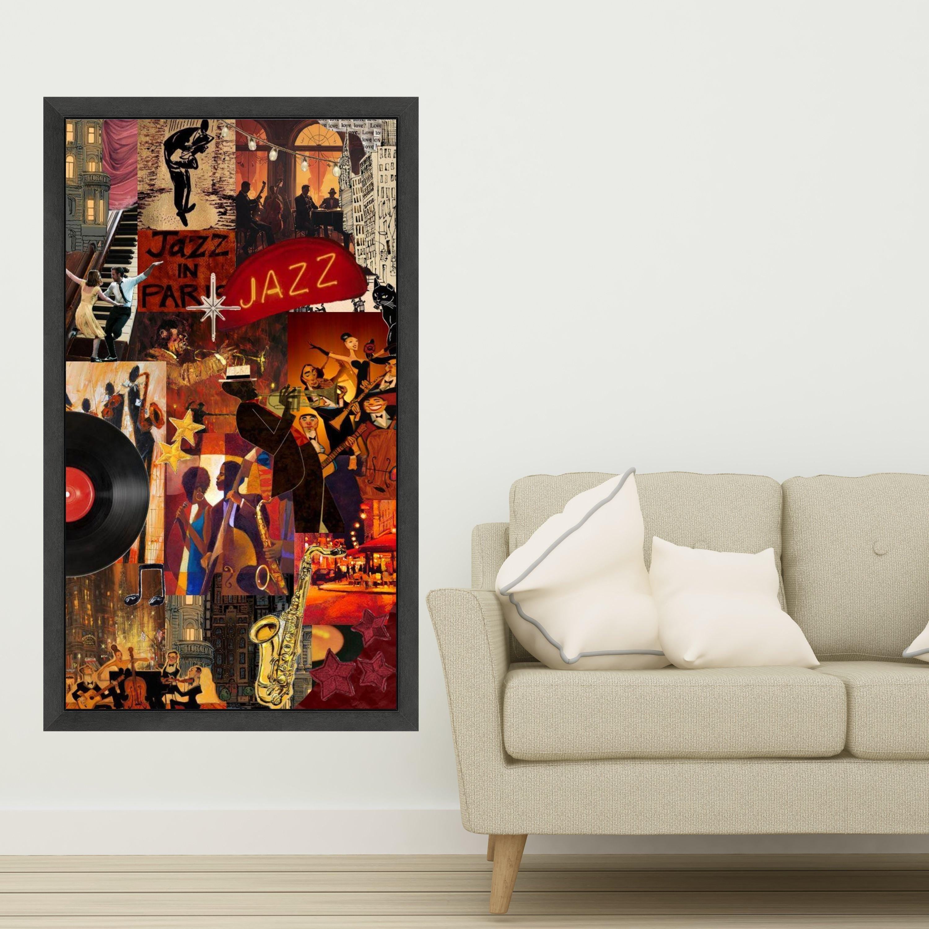 Vibrant Jazz Night Collage Canvas, Musician Silhouettes Wall Art, Retro Vinyl Record Design, Saxophone and Dance Scene, Urban Ready To Hang,