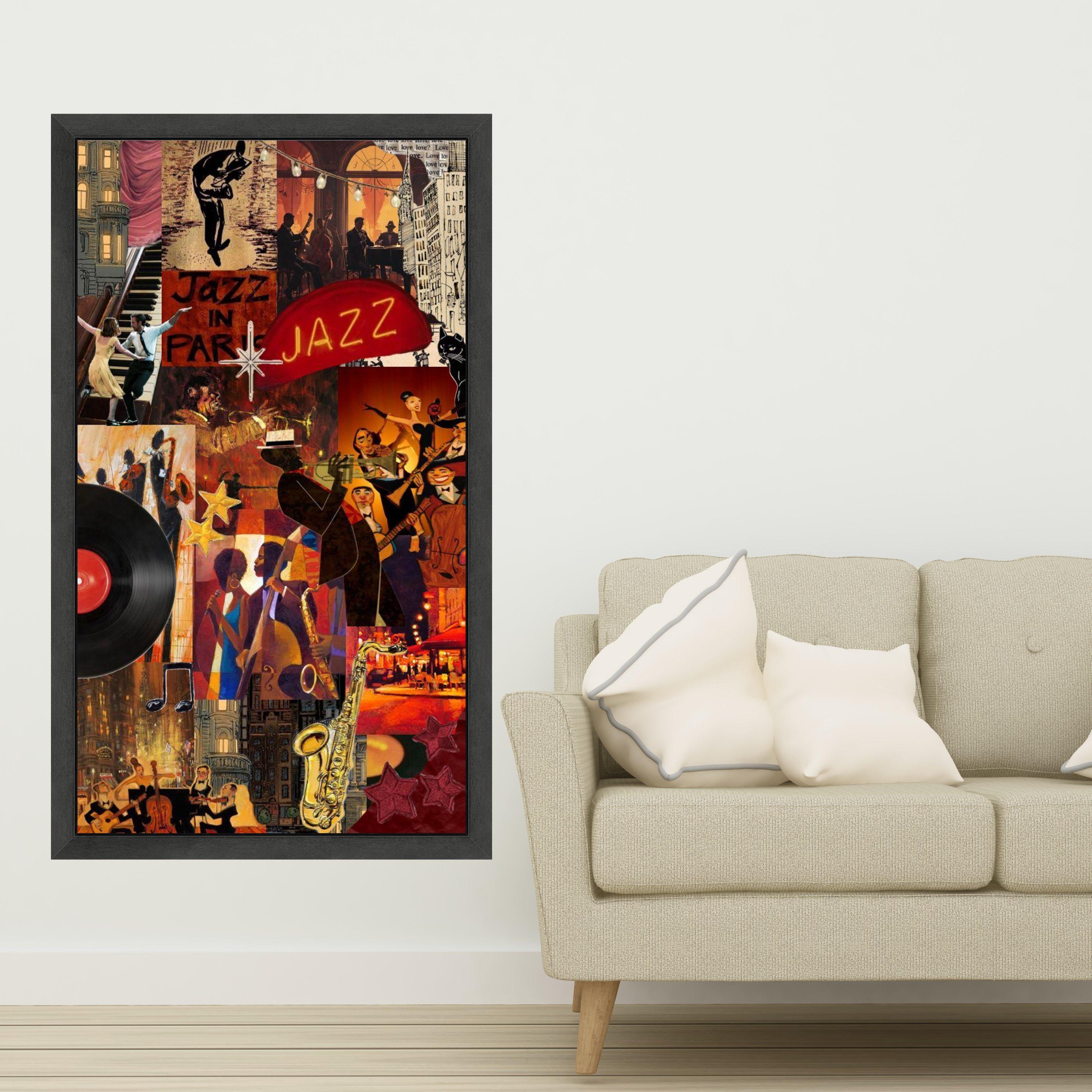 Vibrant Jazz Night Collage Canvas, Musician Silhouettes Wall Art, Retro Vinyl Record Design, Saxophone and Dance Scene, Urban Ready To Hang,