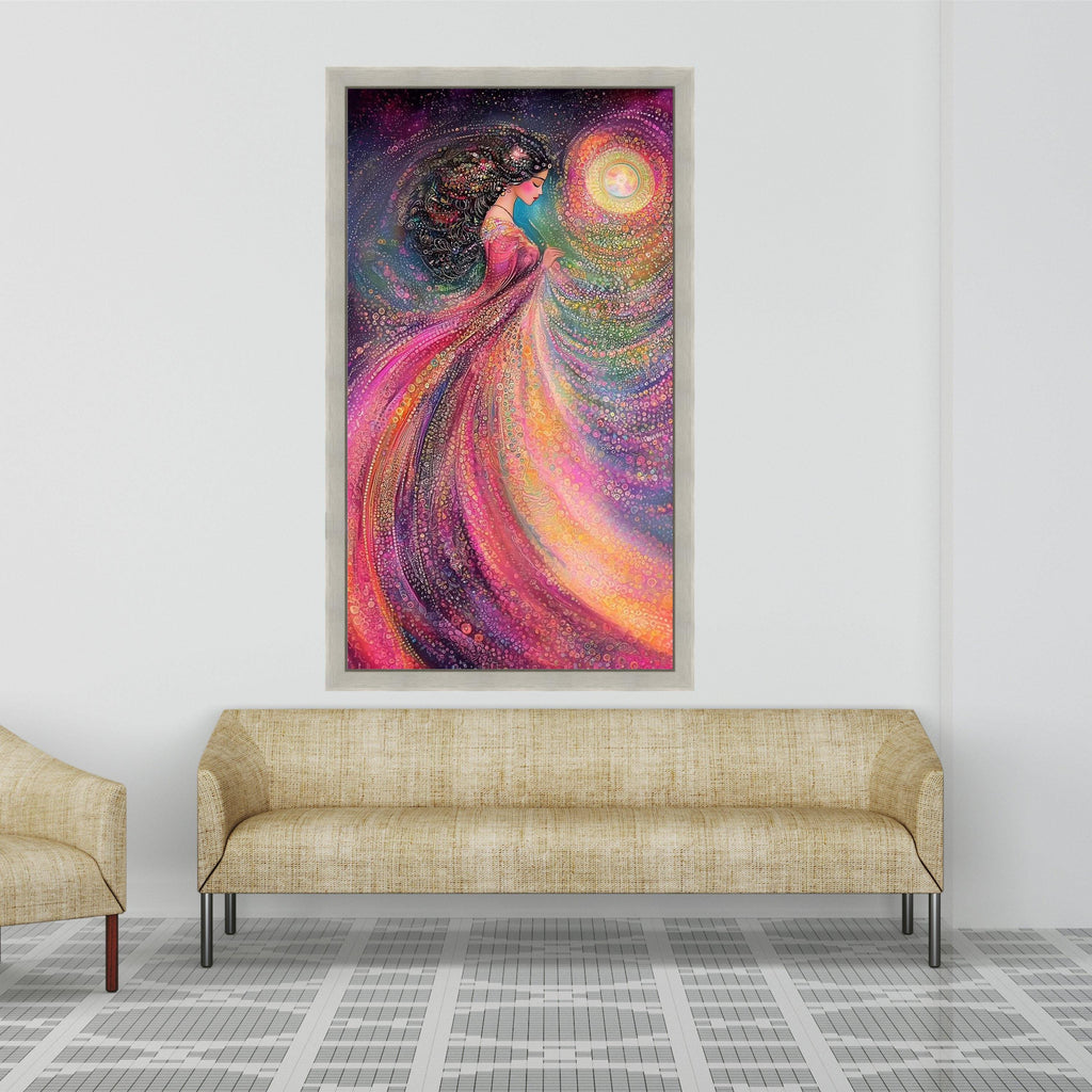 Mystical Woman in Flowing Dress Canvas, Abstract Fantasy Art, Colorful Spiritual Wall Art, Ethereal Female Portrait, Home Ready To Hang,