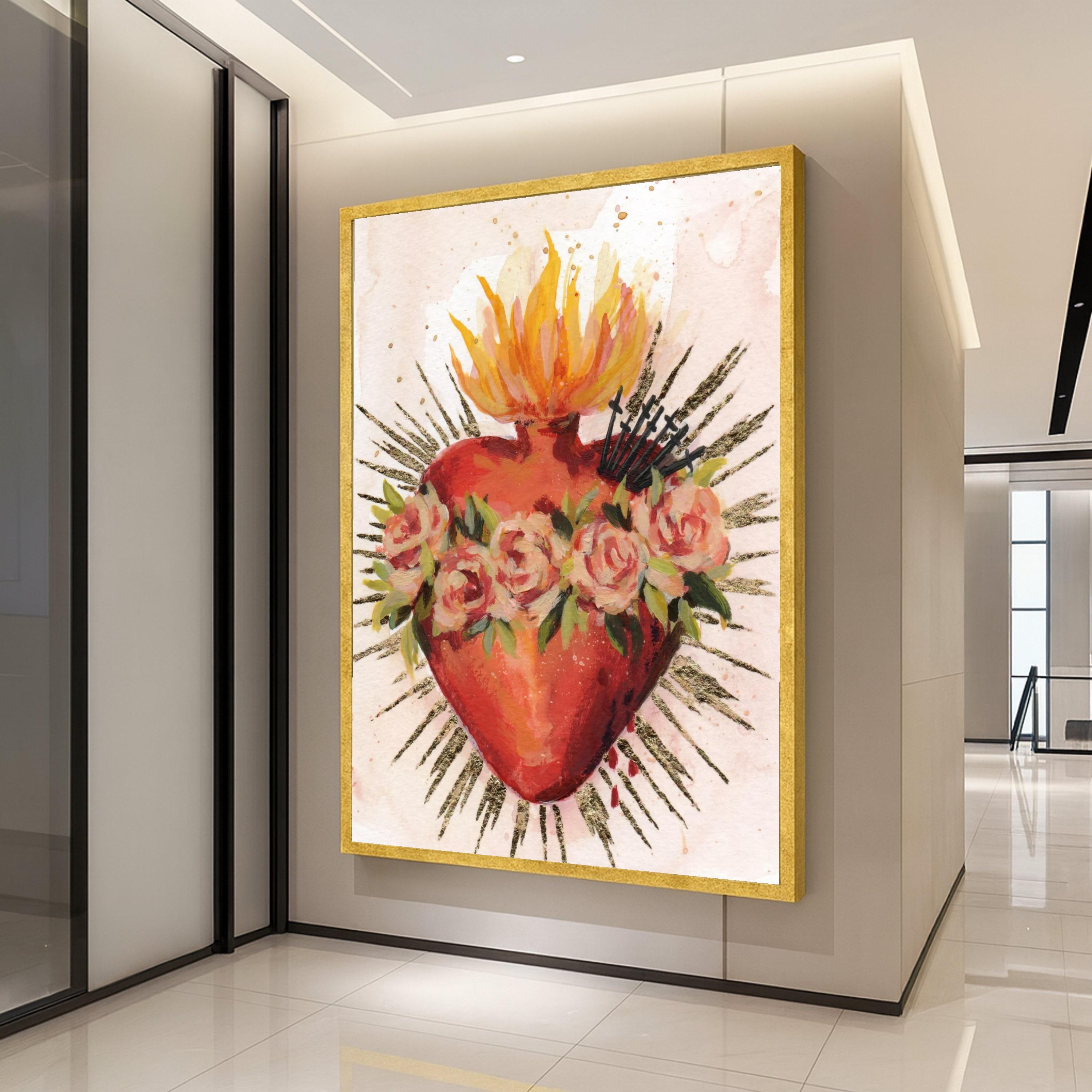 Sacred Heart Canvas Wall Art, Flaming Heart with Roses, Religious Spiritual Canvas, Catholic Wall Decor, Vibrant Home Ready To Hang,