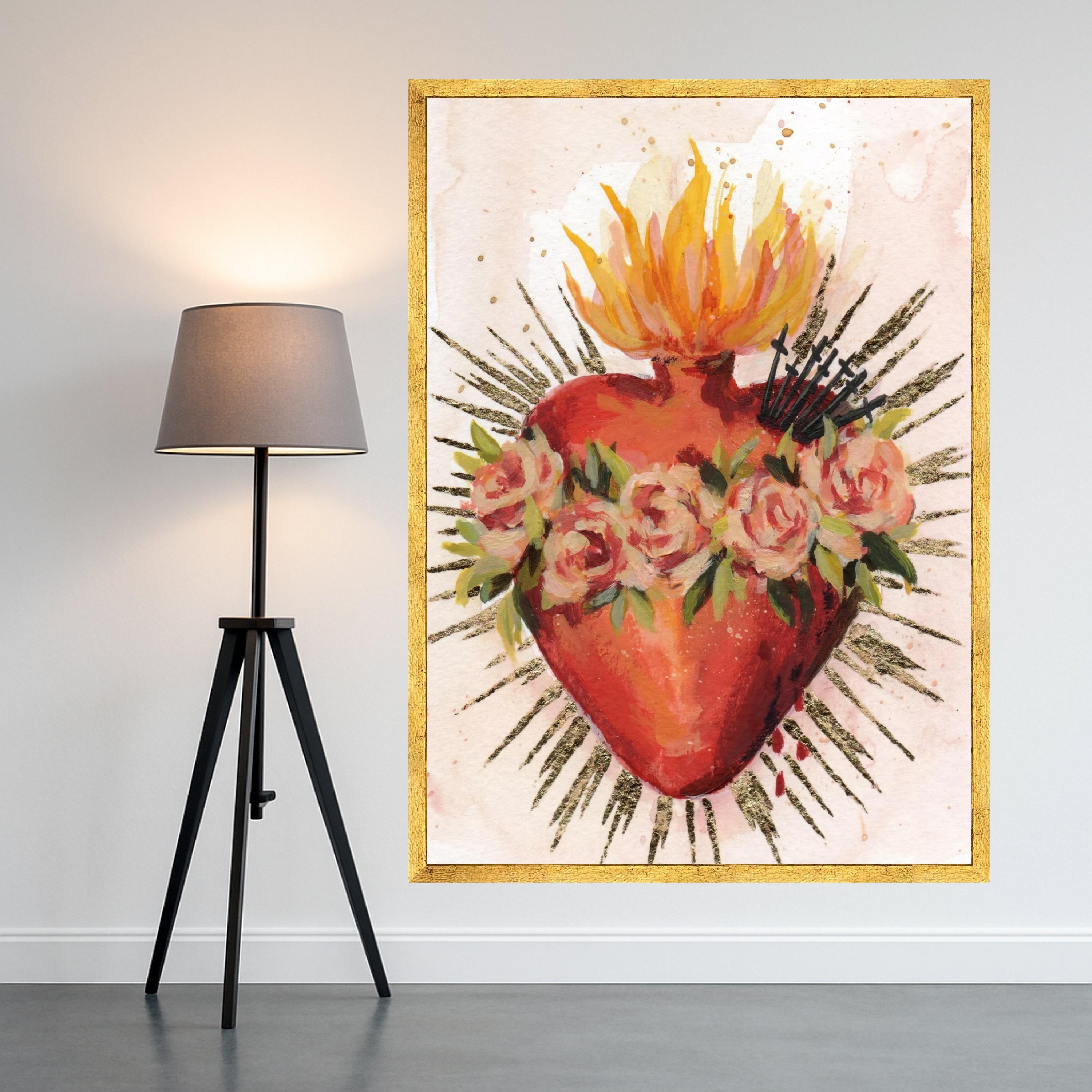 Sacred Heart Canvas Wall Art, Flaming Heart with Roses, Religious Spiritual Canvas, Catholic Wall Decor, Vibrant Home Ready To Hang,