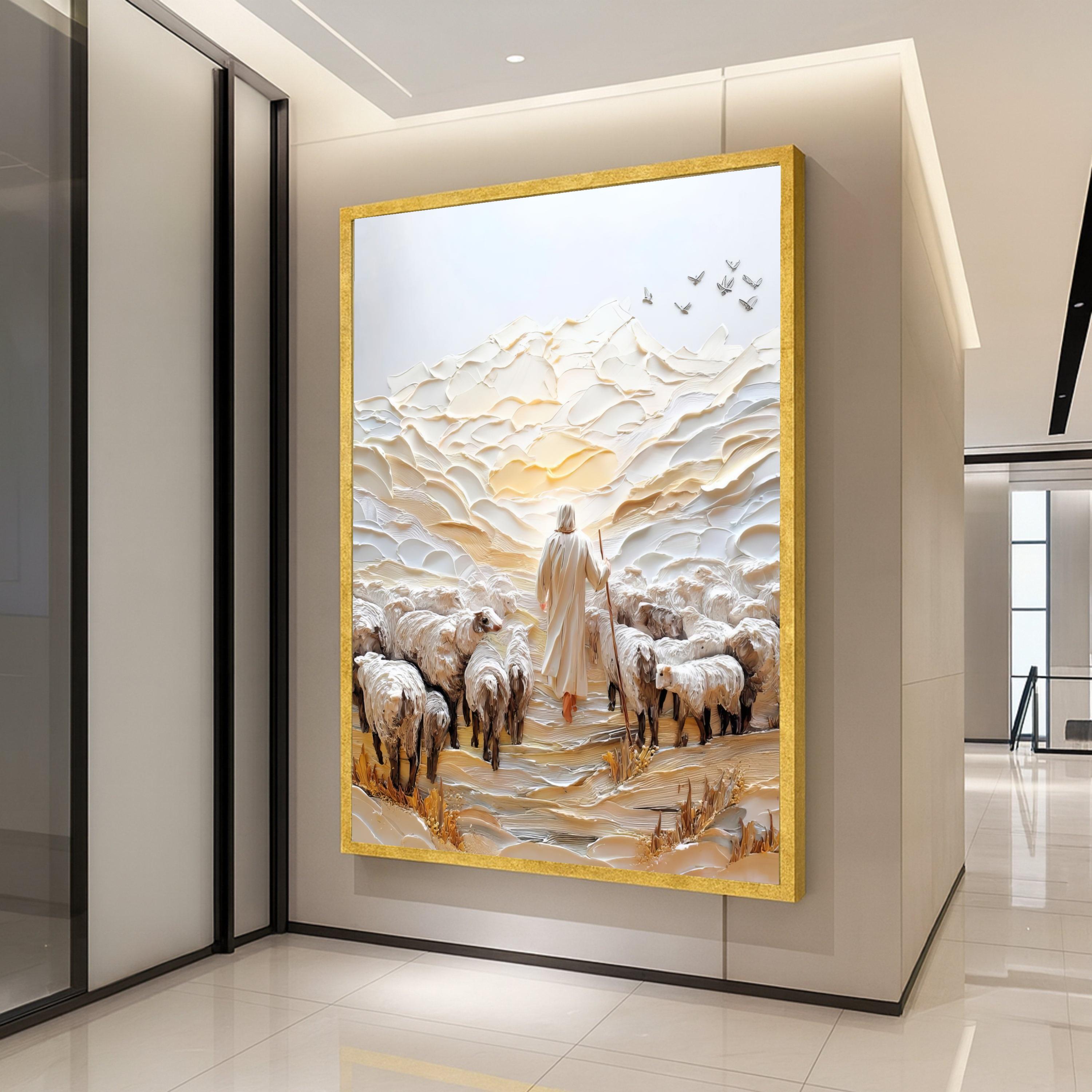 Shepherd with Flock Canvas Wall Art, Spiritual Landscape Painting, Religious Home Decor, Pastoral Scene Canvas, Inspirational Ready To Hang,