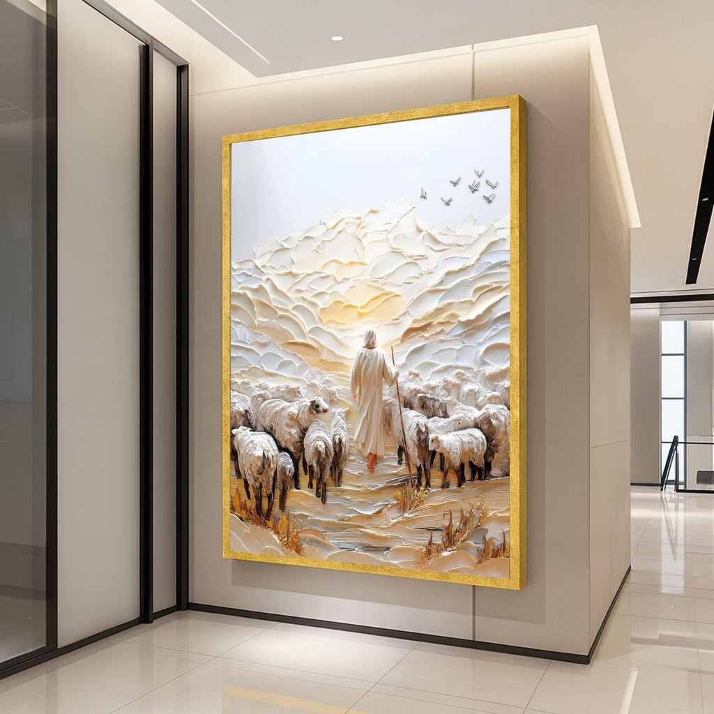 Shepherd with Flock Canvas Wall Art, Spiritual Landscape Painting, Religious Home Decor, Pastoral Scene Canvas, Inspirational Ready To Hang,