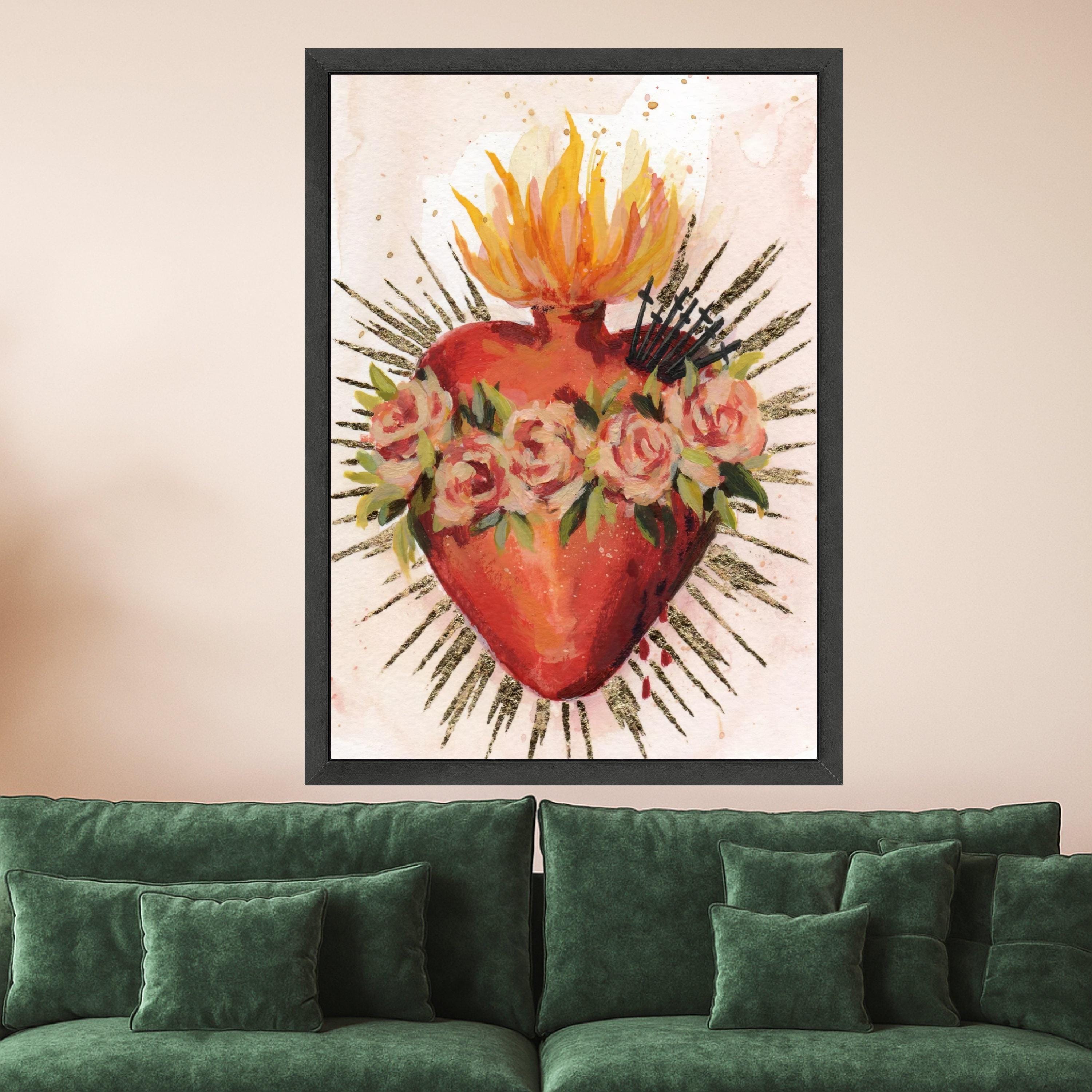 Sacred Heart Canvas Wall Art, Flaming Heart with Roses, Religious Spiritual Canvas, Catholic Wall Decor, Vibrant Home Ready To Hang,