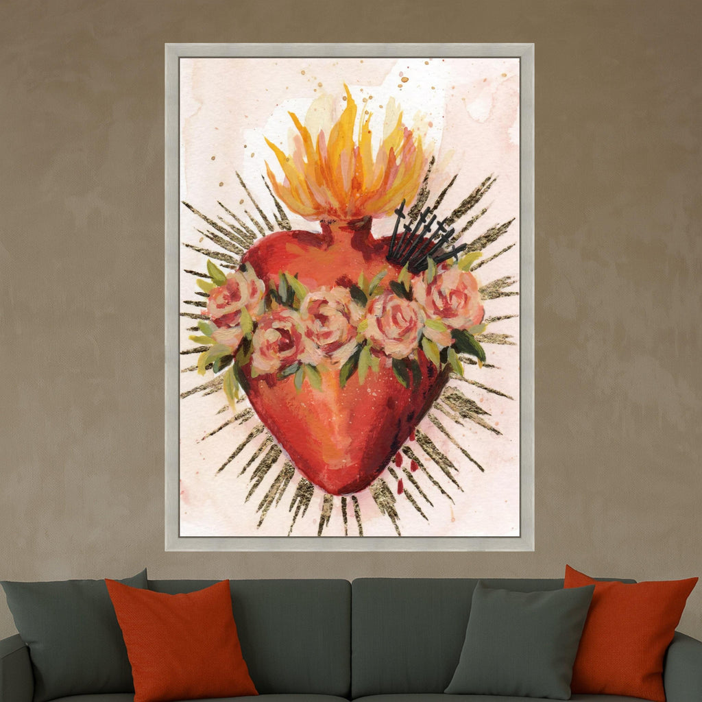 Sacred Heart Canvas Wall Art, Flaming Heart with Roses, Religious Spiritual Canvas, Catholic Wall Decor, Vibrant Home Ready To Hang,