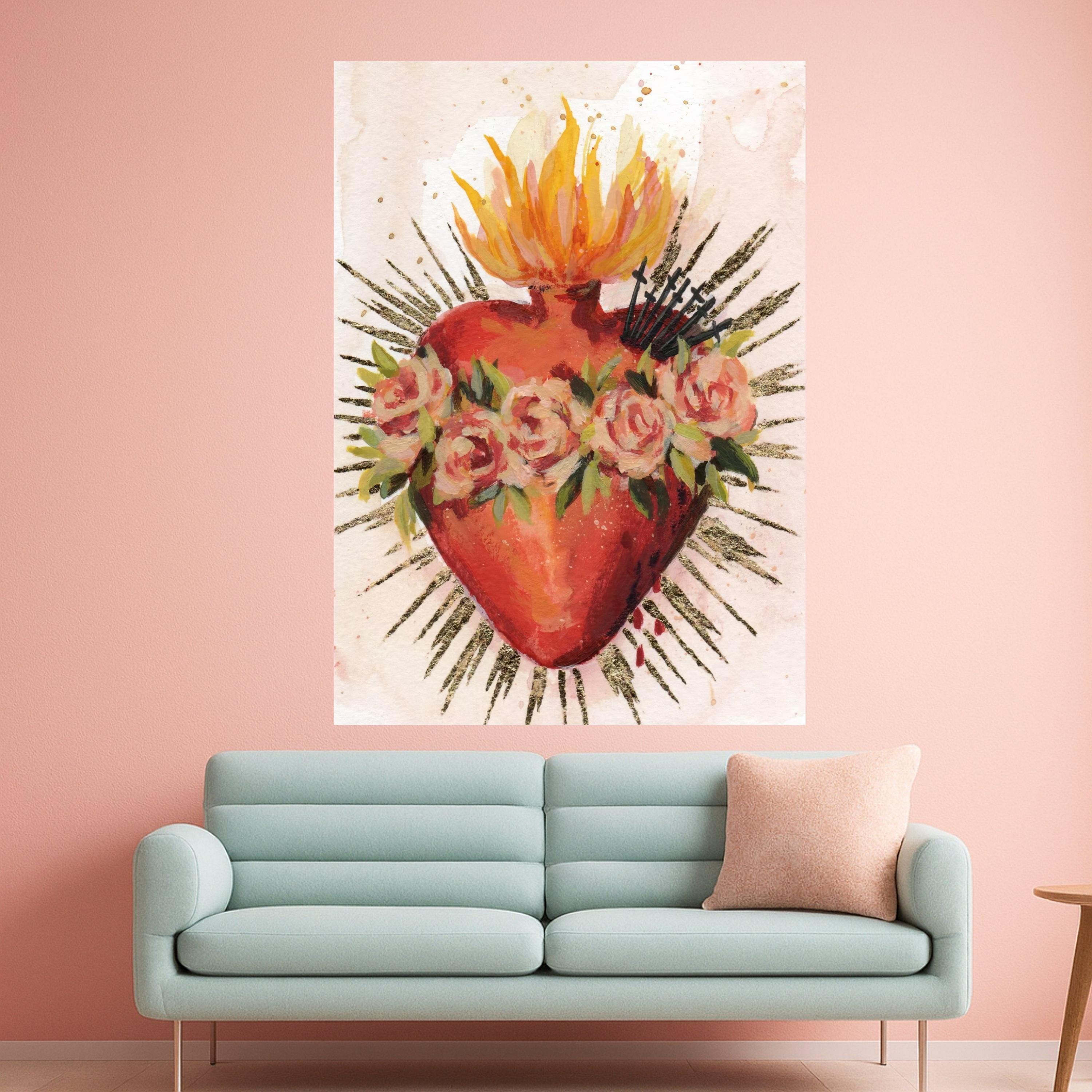 Sacred Heart Canvas Wall Art, Flaming Heart with Roses, Religious Spiritual Canvas, Catholic Wall Decor, Vibrant Home Ready To Hang,