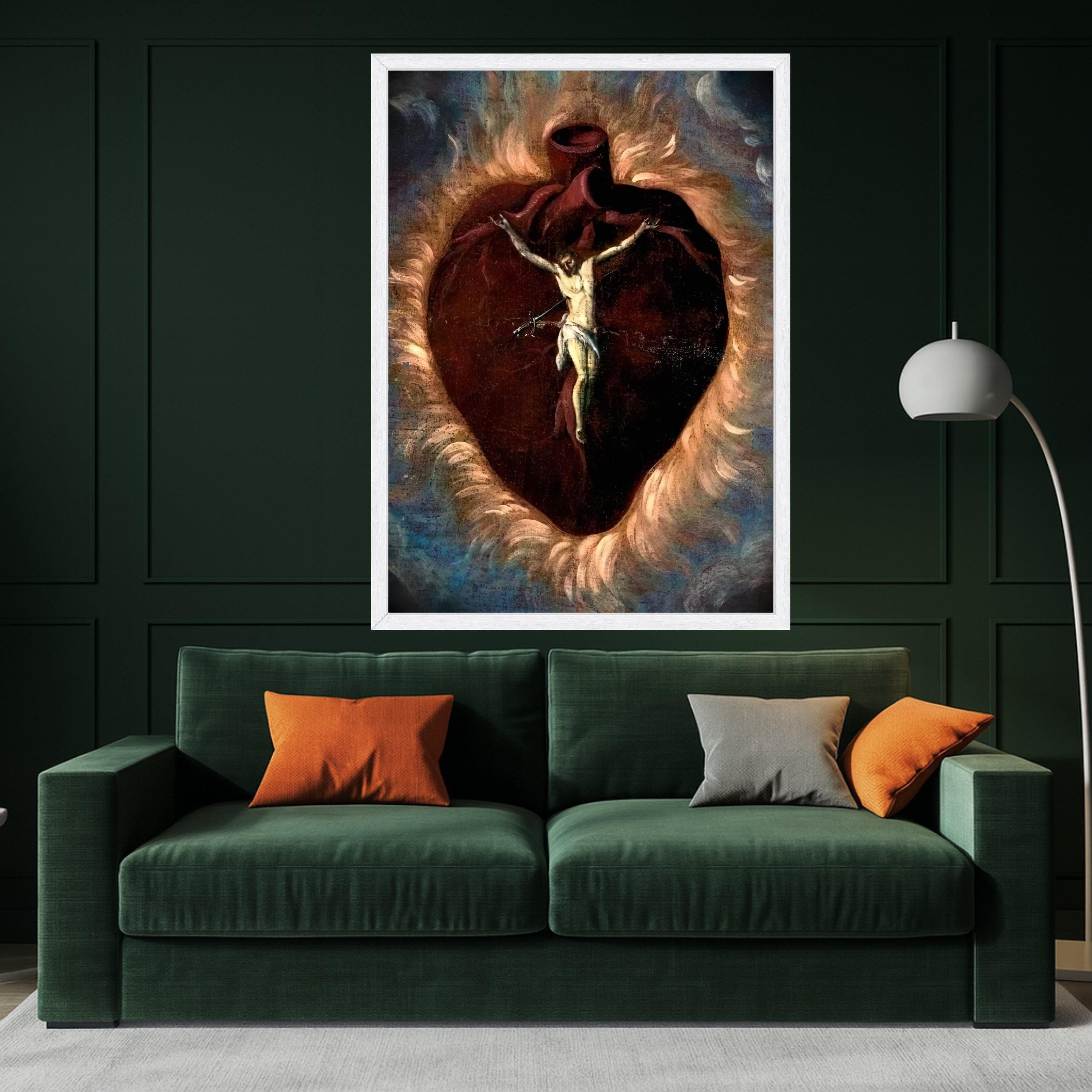 Sacred Heart Canvas Wall Art, Religious Christian Crucifixion, Spiritual Heart Symbol, Inspirational Faith Painting, Home Ready To Hang,