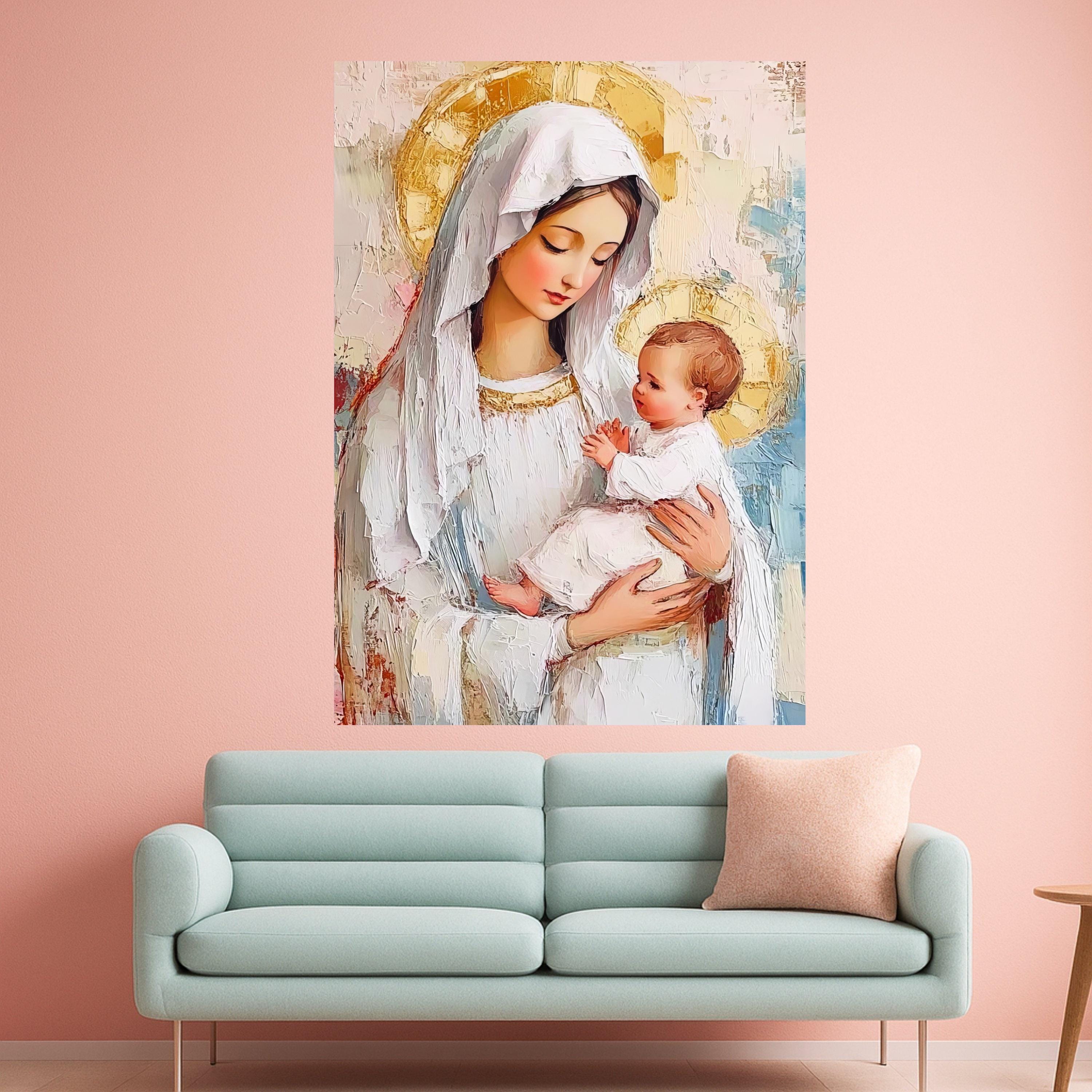 Madonna and Child Canvas Wall Art, Religious Iconography Painting, Virgin Mary and Baby Jesus, Spiritual Home Decor, Ready To Hang,