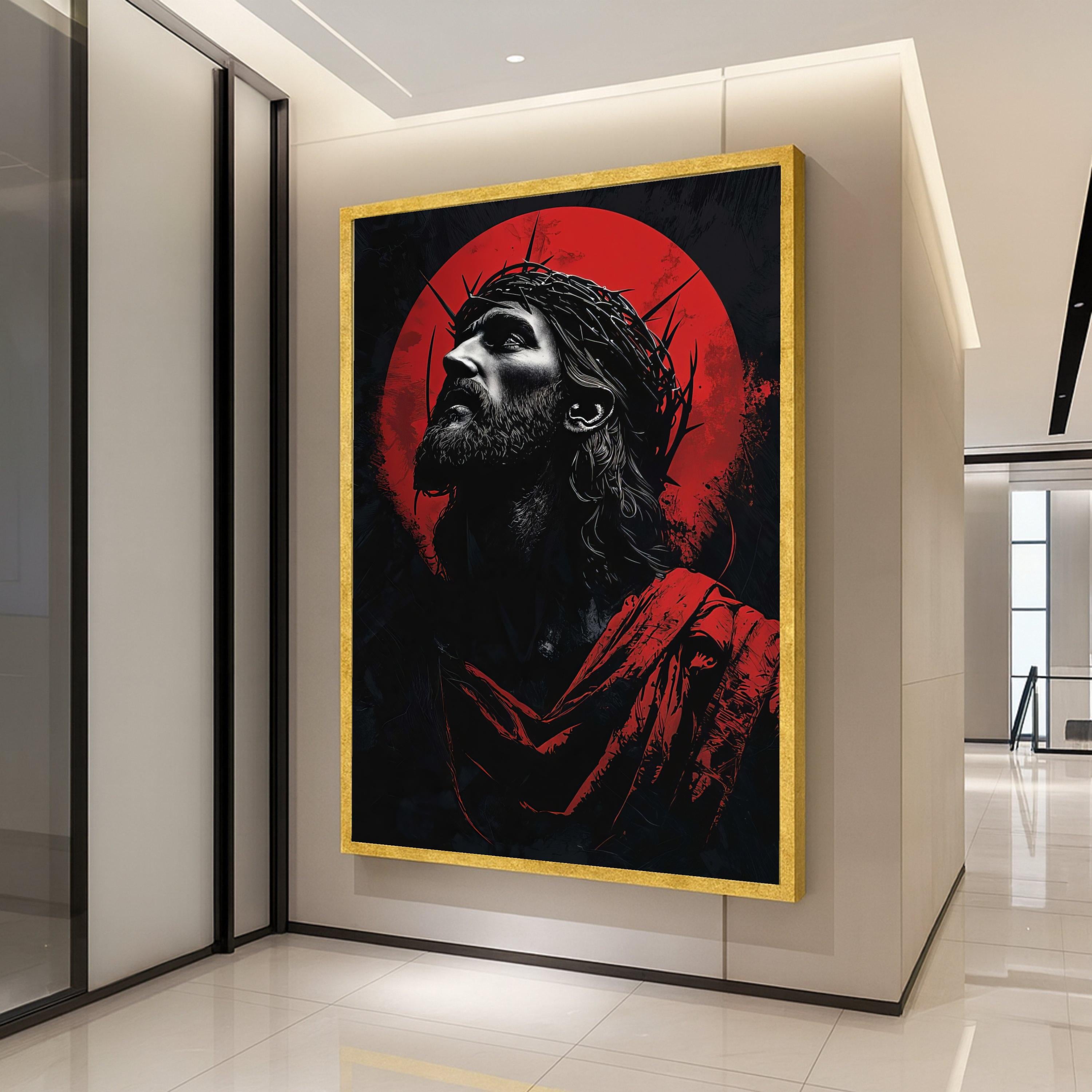 Dramatic Jesus Portrait Canvas Wall Art, Crown of Thorns Illustration, Religious Christian Canvas, Spiritual Home Decor, Ready To Hang,