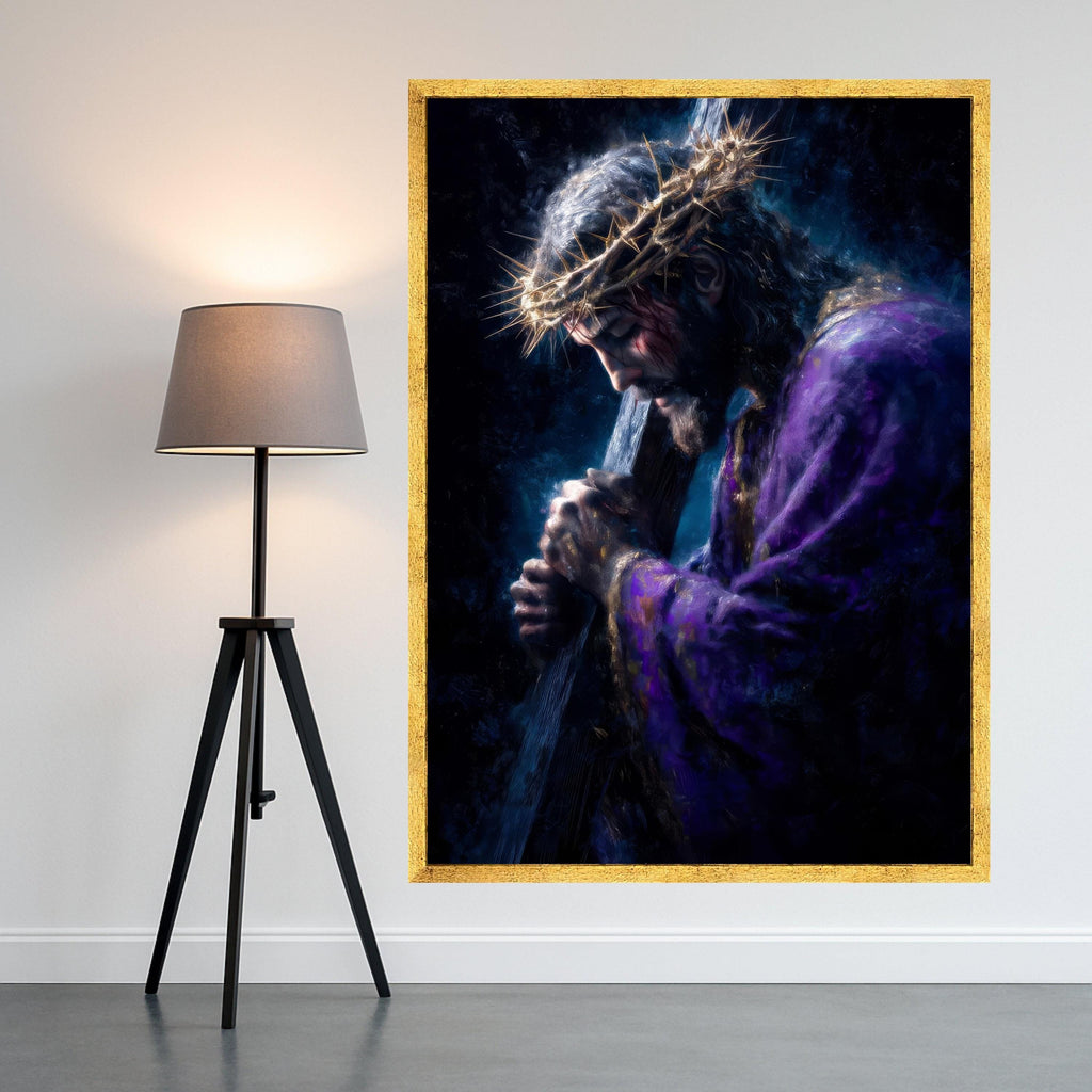 Jesus Carrying Cross Canvas, Crown of Thorns Wall Art, Religious Christian Canvas, Spiritual Home Decoration, Faith-Inspired Ready To Hang,