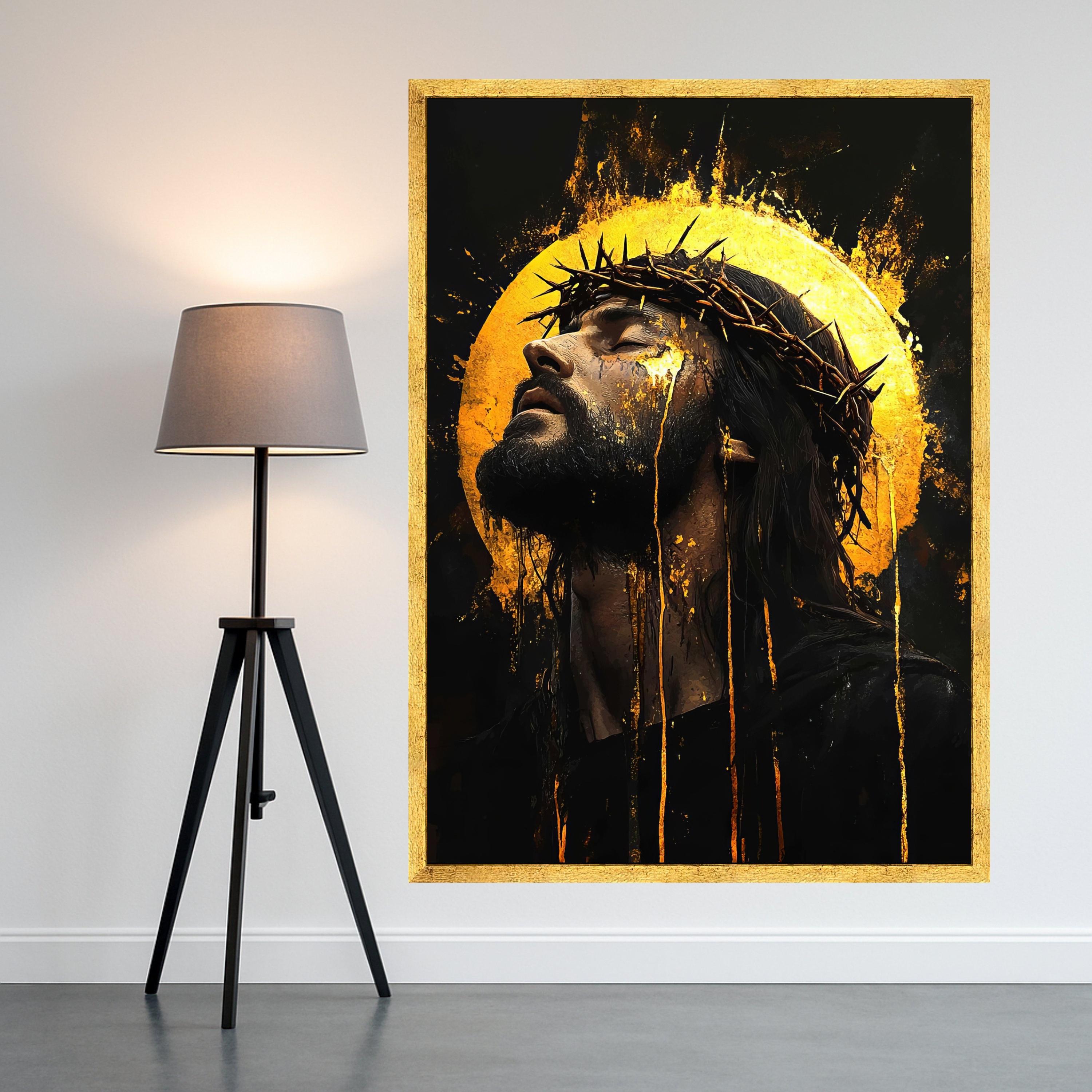 Jesus Christ Crown of Thorns Canvas, Spiritual Christian Wall Art, Golden Halo Religious Canvas, Faith Inspired Home Decor Ready To Hang,