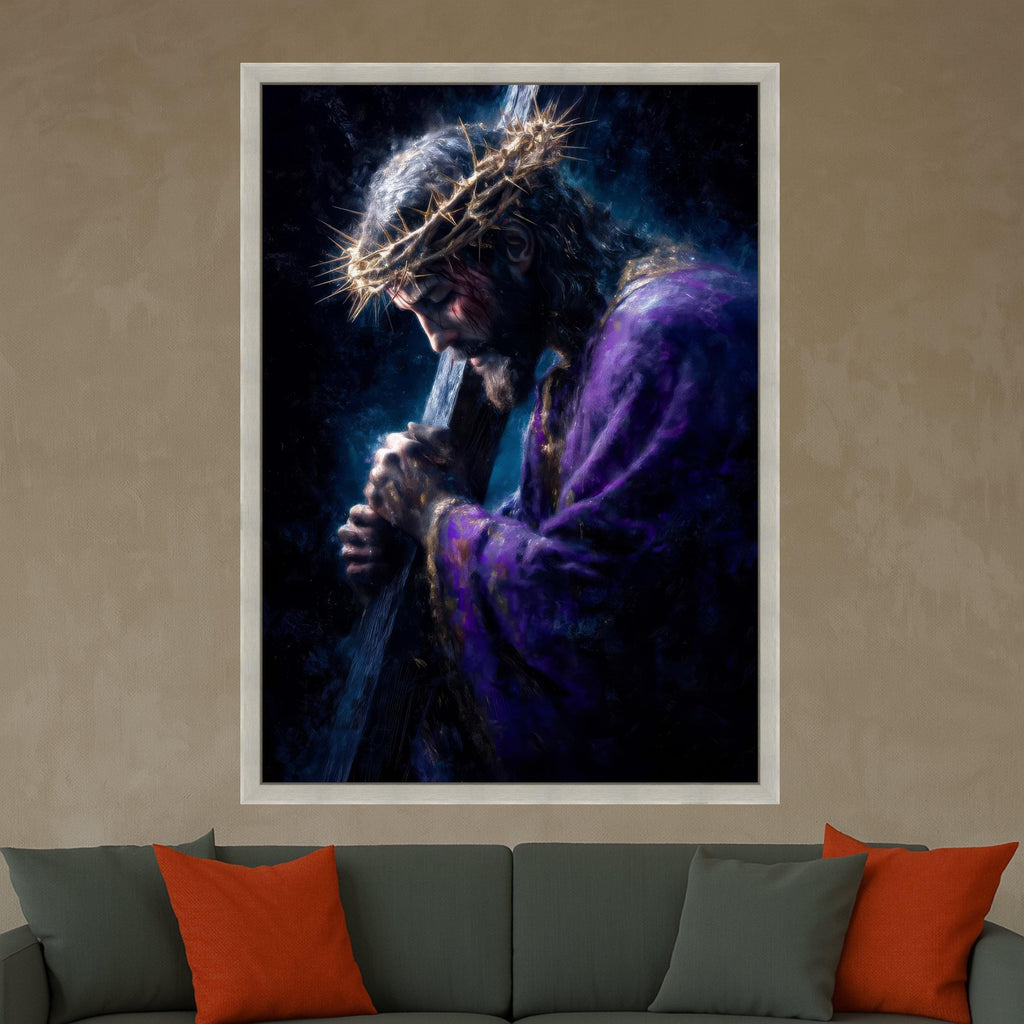 Jesus Carrying Cross Canvas, Crown of Thorns Wall Art, Religious Christian Canvas, Spiritual Home Decoration, Faith-Inspired Ready To Hang,