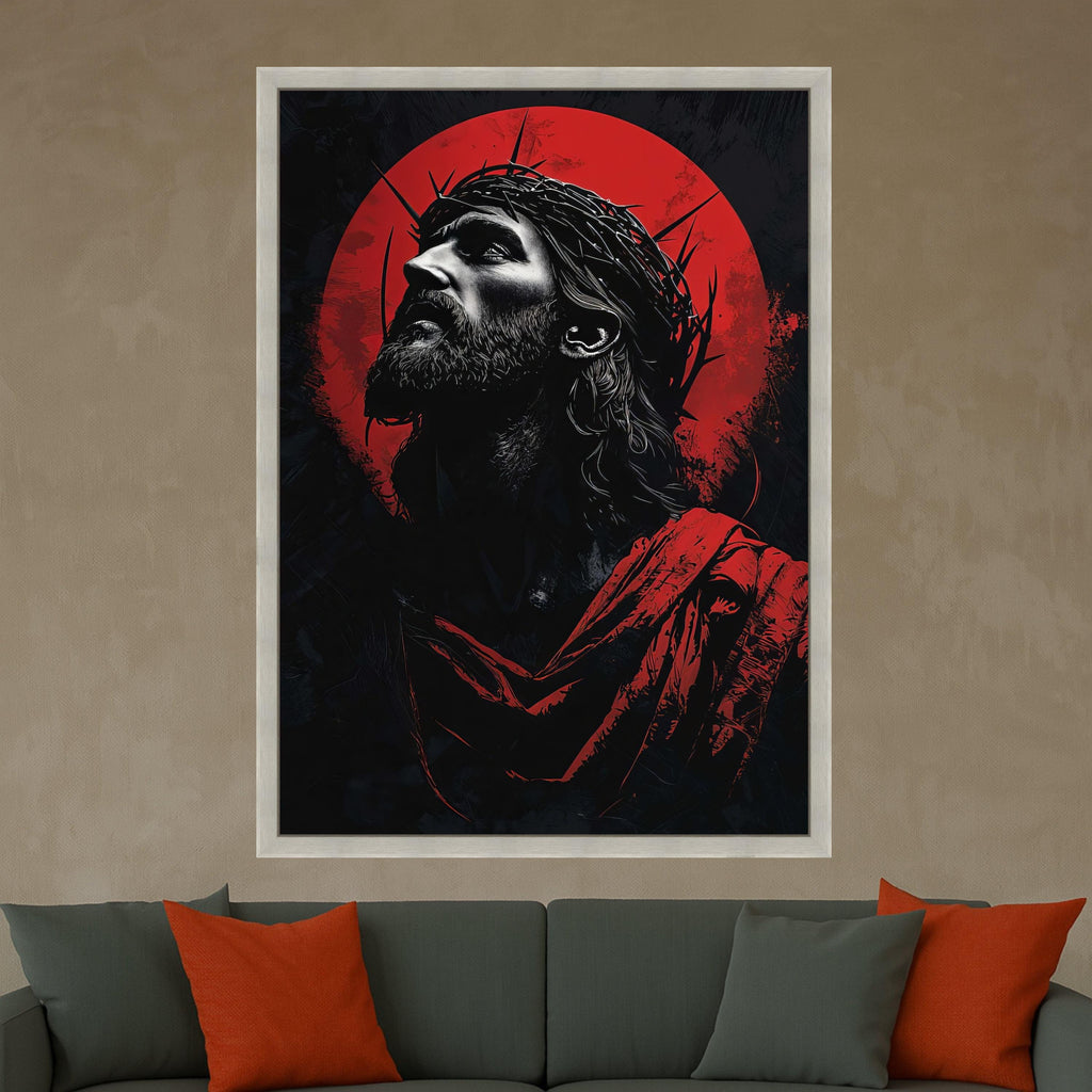 Dramatic Jesus Portrait Canvas Wall Art, Crown of Thorns Illustration, Religious Christian Canvas, Spiritual Home Decor, Ready To Hang,
