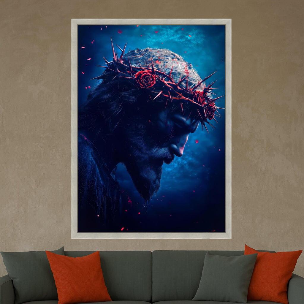 Dramatic Jesus Portrait Canvas, Crown of Thorns Wall Art, Religious Faith Decor, Spiritual Canvas Print, Dark Blue Moody Home Ready To Hang,