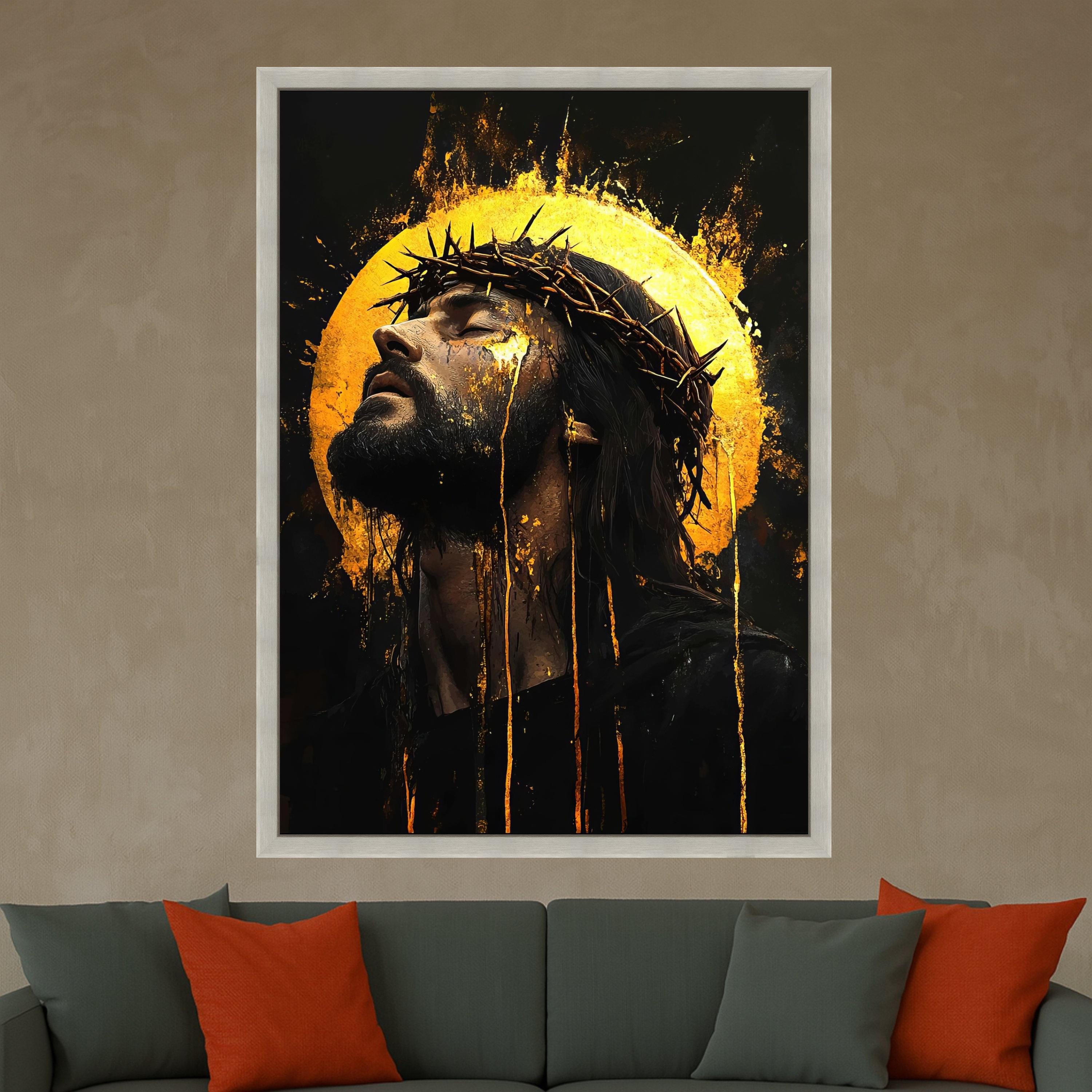 Jesus Christ Crown of Thorns Canvas, Spiritual Christian Wall Art, Golden Halo Religious Canvas, Faith Inspired Home Decor Ready To Hang,