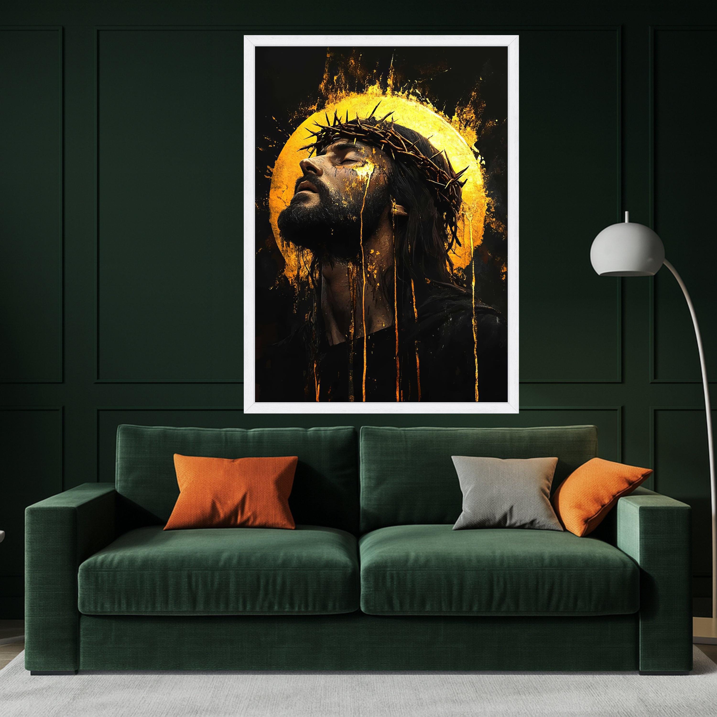 Jesus Christ Crown of Thorns Canvas, Spiritual Christian Wall Art, Golden Halo Religious Canvas, Faith Inspired Home Decor Ready To Hang,