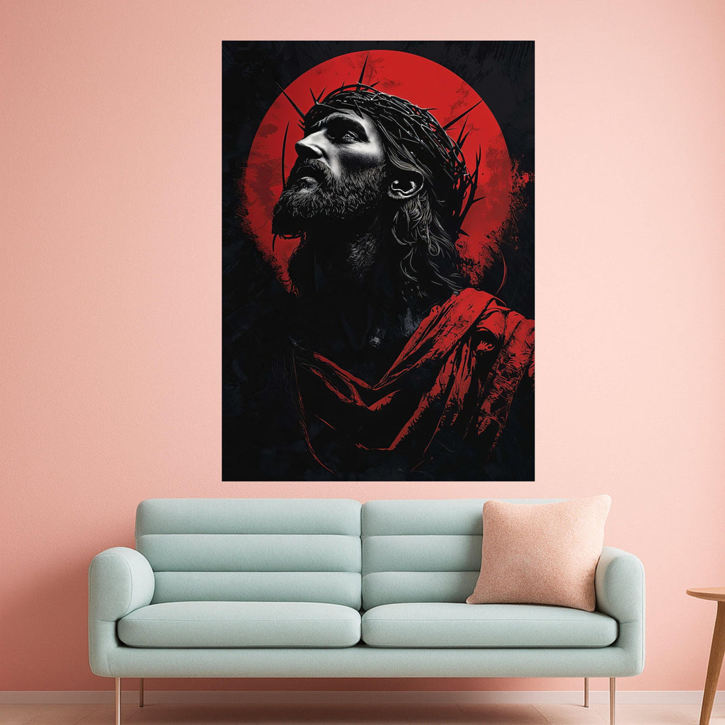 Dramatic Jesus Portrait Canvas Wall Art, Crown of Thorns Illustration, Religious Christian Canvas, Spiritual Home Decor, Ready To Hang,
