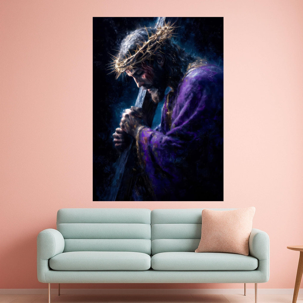 Jesus Carrying Cross Canvas, Crown of Thorns Wall Art, Religious Christian Canvas, Spiritual Home Decoration, Faith-Inspired Ready To Hang,