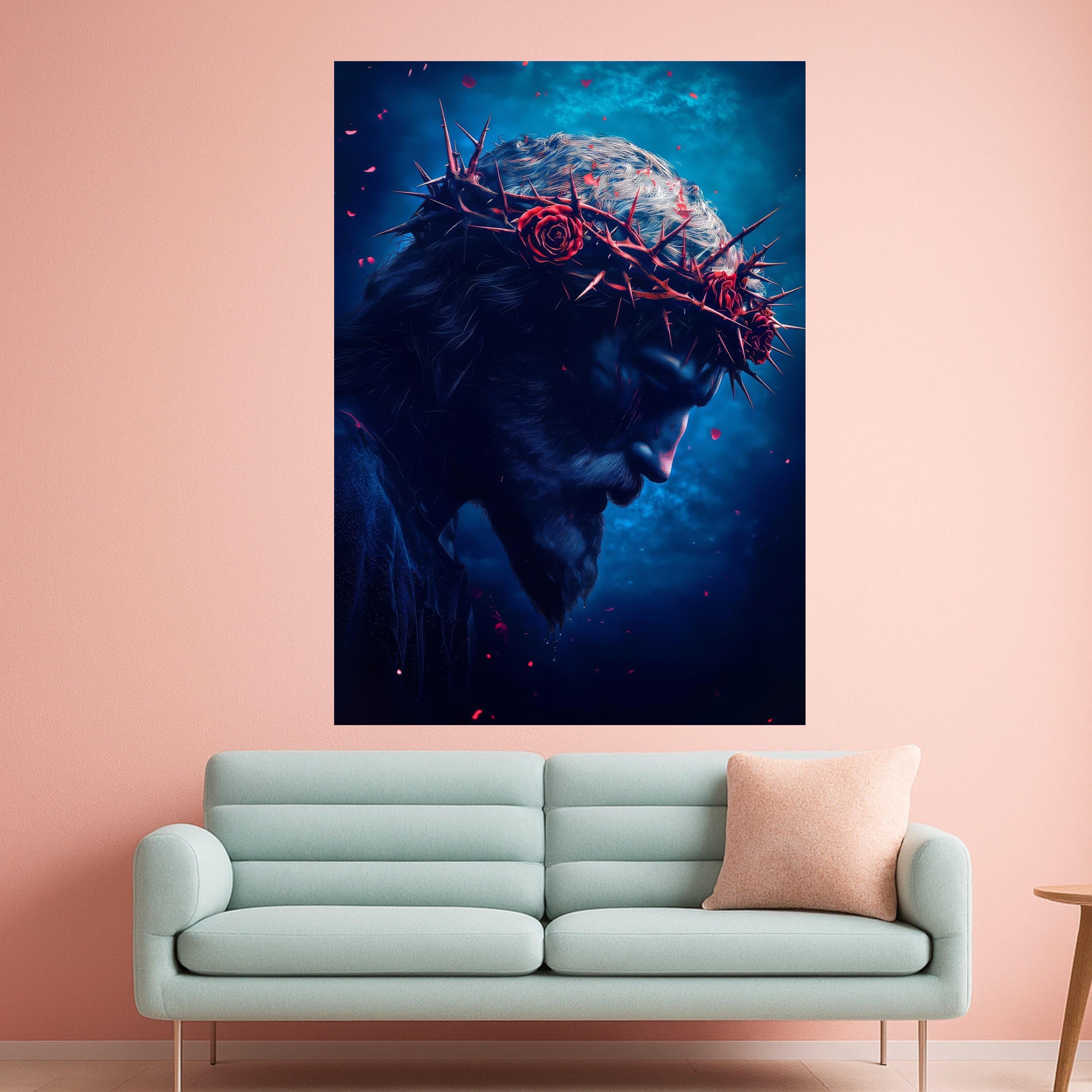 Dramatic Jesus Portrait Canvas, Crown of Thorns Wall Art, Religious Faith Decor, Spiritual Canvas Print, Dark Blue Moody Home Ready To Hang,