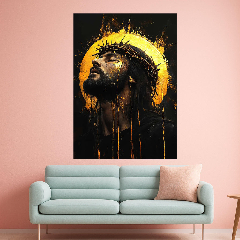 Jesus Christ Crown of Thorns Canvas, Spiritual Christian Wall Art, Golden Halo Religious Canvas, Faith Inspired Home Decor Ready To Hang,
