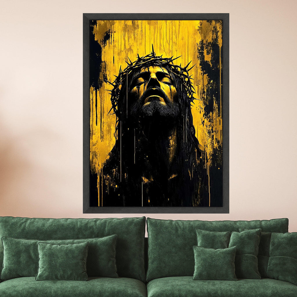 Expressive Jesus Christ Portrait Canvas, Crown of Thorns Wall Art, Religious Canvas Painting, Dramatic Yellow Black Artwork, Ready To Hang,