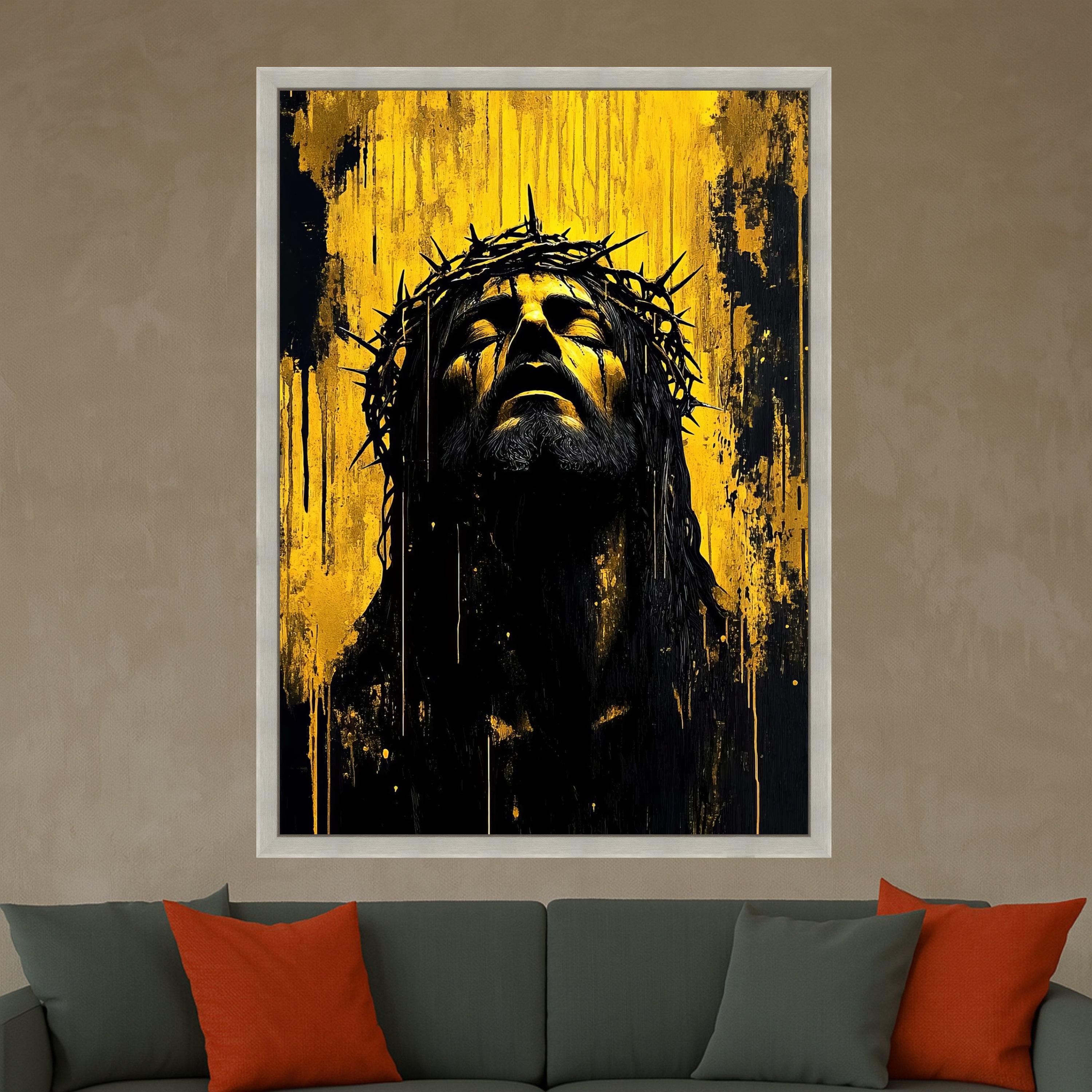 Expressive Jesus Christ Portrait Canvas, Crown of Thorns Wall Art, Religious Canvas Painting, Dramatic Yellow Black Artwork, Ready To Hang,