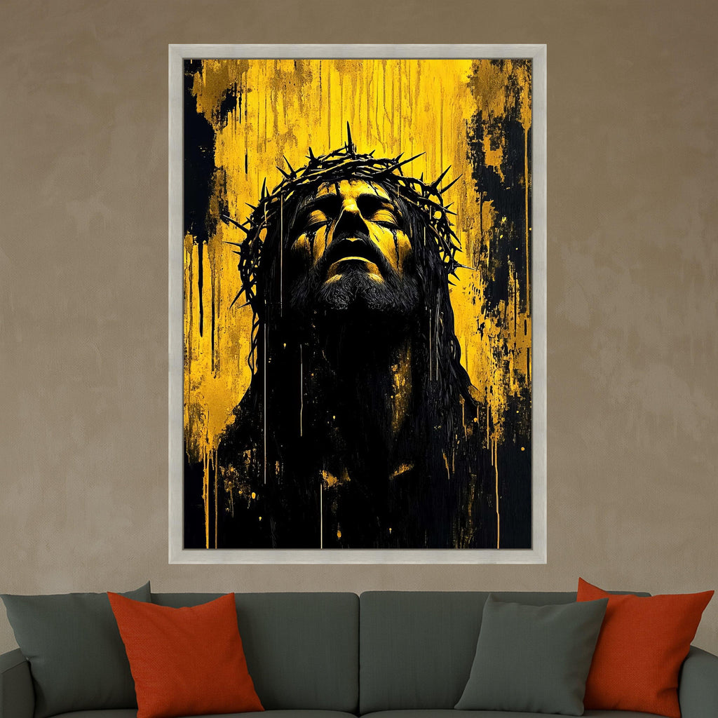 Expressive Jesus Christ Portrait Canvas, Crown of Thorns Wall Art, Religious Canvas Painting, Dramatic Yellow Black Artwork, Ready To Hang,