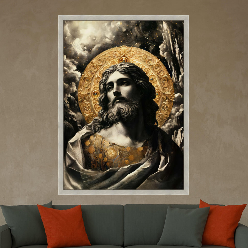 Classic Jesus Portrait Canvas Wall Art, Religious Icon with Golden Halo, Spiritual Christian Decor, Faith-Inspired Canvas Ready To Hang,