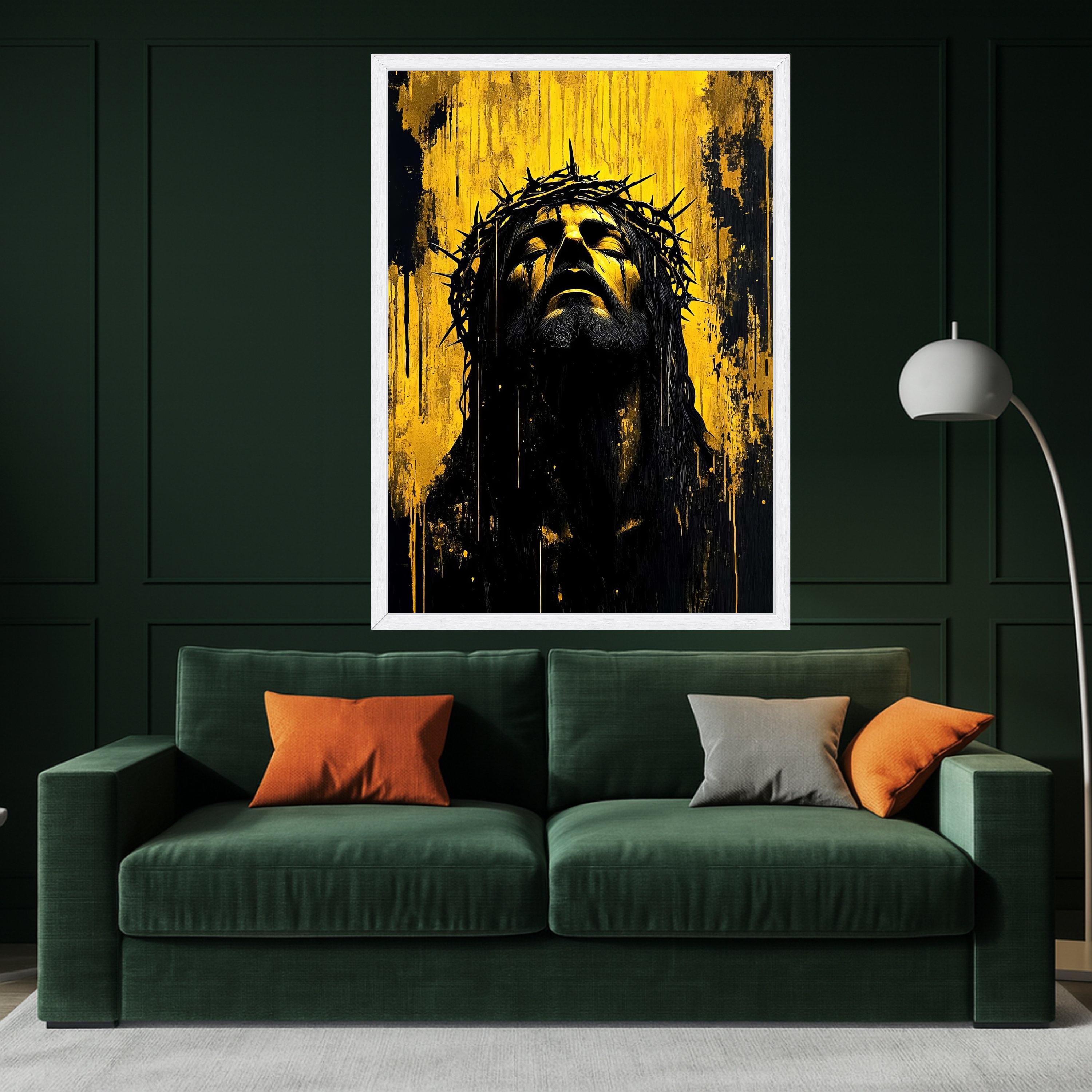 Expressive Jesus Christ Portrait Canvas, Crown of Thorns Wall Art, Religious Canvas Painting, Dramatic Yellow Black Artwork, Ready To Hang,