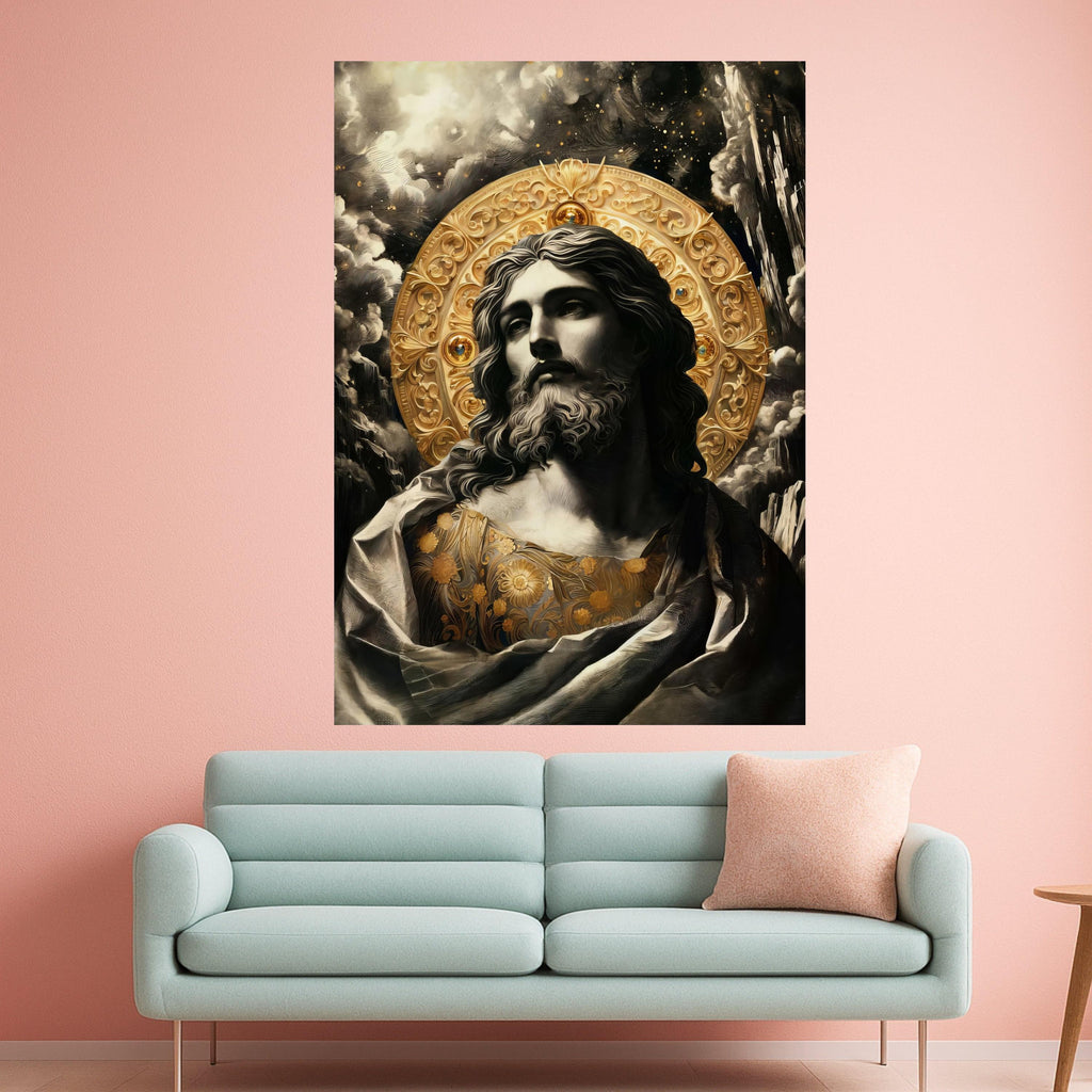 Classic Jesus Portrait Canvas Wall Art, Religious Icon with Golden Halo, Spiritual Christian Decor, Faith-Inspired Canvas Ready To Hang,