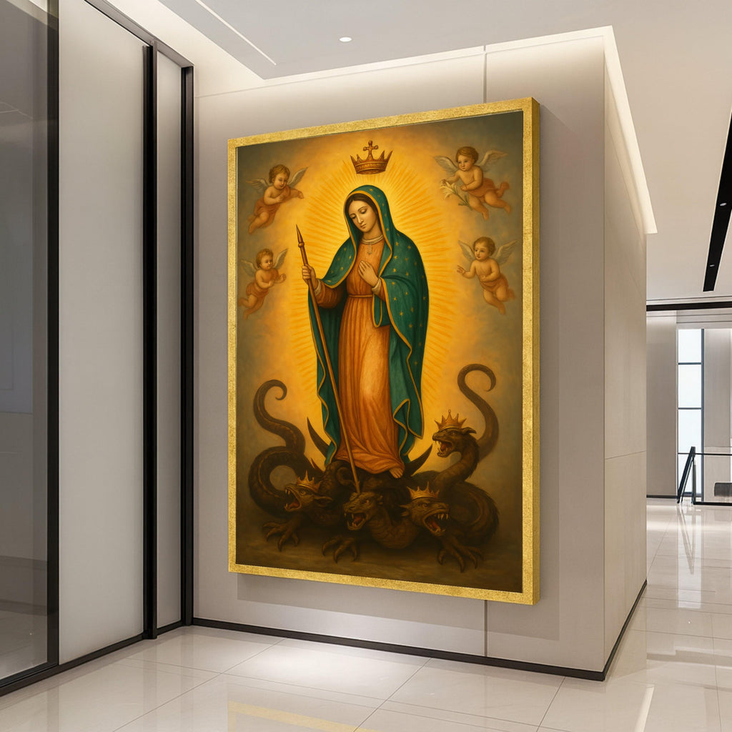Mary Queen of Heaven Canvas, Virgin Mary Religious Wall Art, Angelic Spiritual Canvas, Catholic Iconography Decoration, Ready To Hang,