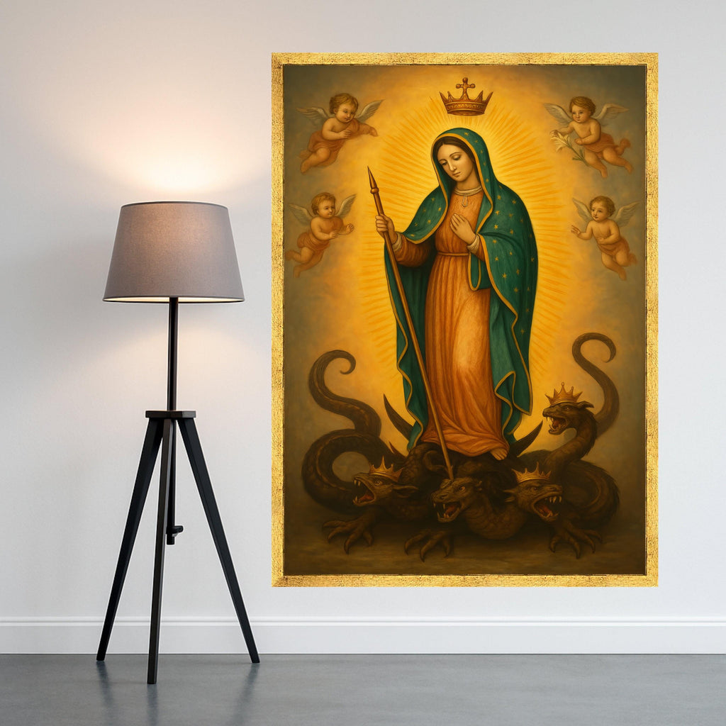 Mary Queen of Heaven Canvas, Virgin Mary Religious Wall Art, Angelic Spiritual Canvas, Catholic Iconography Decoration, Ready To Hang,