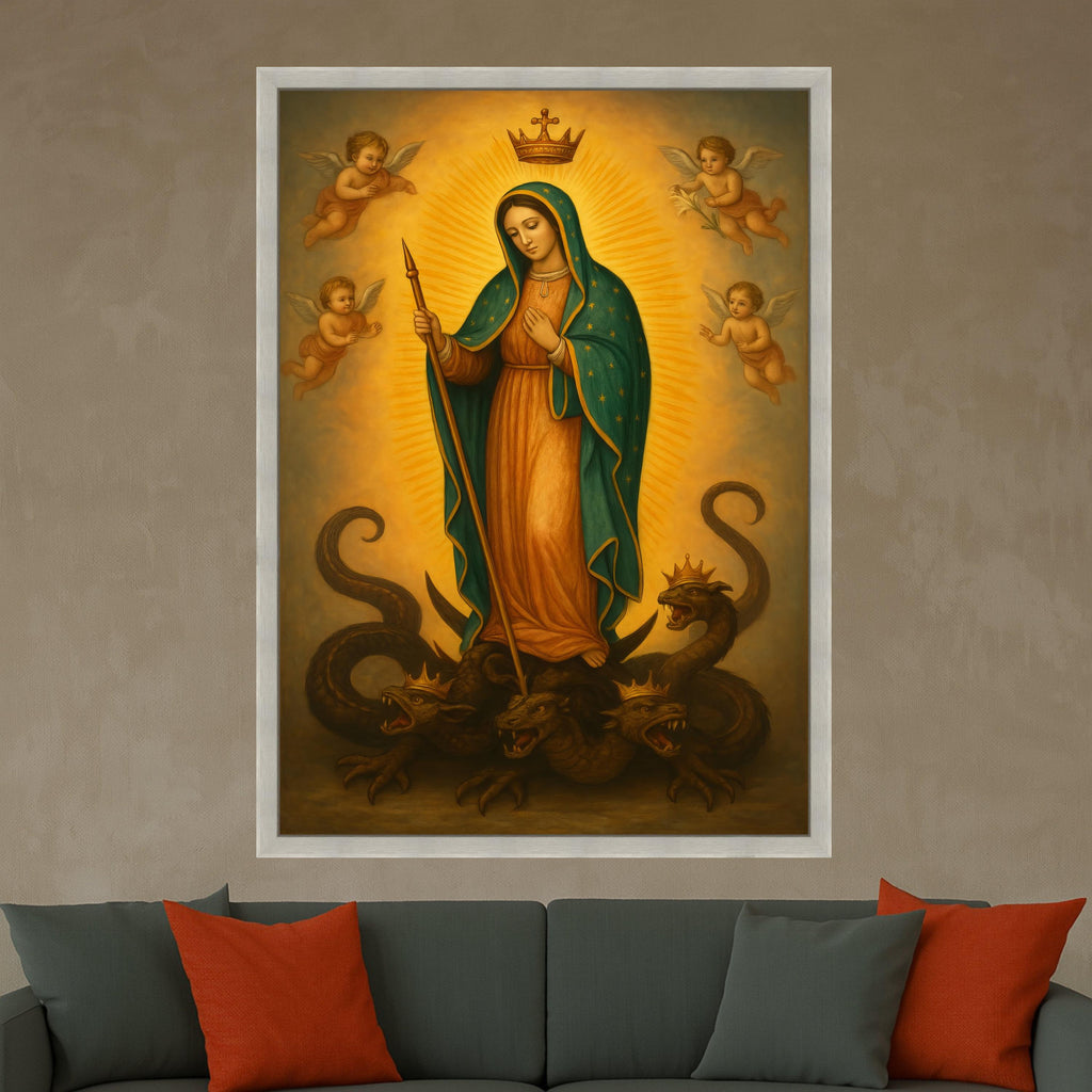 Mary Queen of Heaven Canvas, Virgin Mary Religious Wall Art, Angelic Spiritual Canvas, Catholic Iconography Decoration, Ready To Hang,