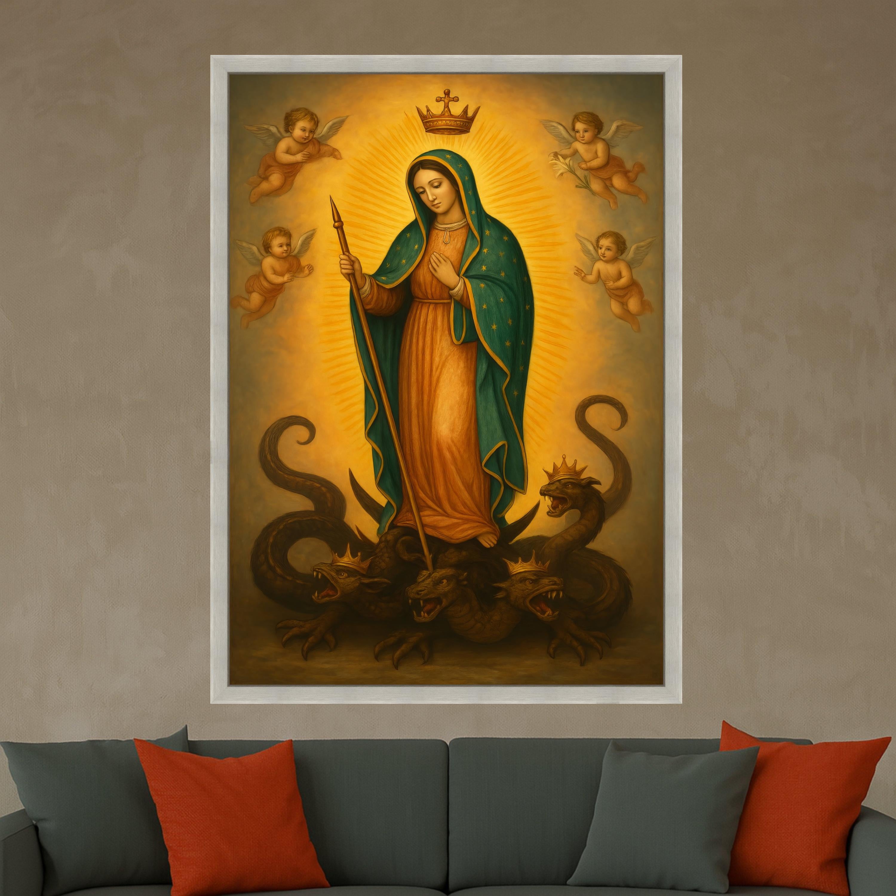 Mary Queen of Heaven Canvas, Virgin Mary Religious Wall Art, Angelic Spiritual Canvas, Catholic Iconography Decoration, Ready To Hang,