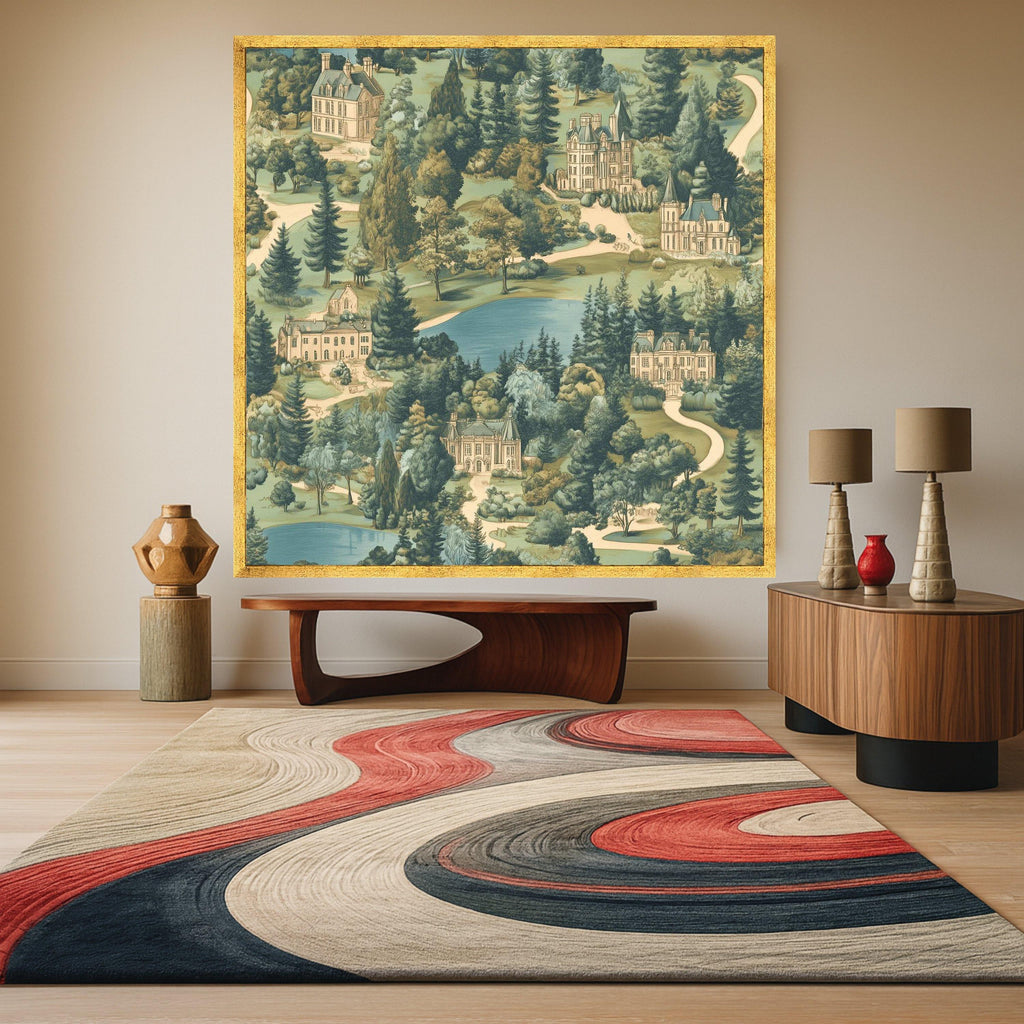 Vintage Estate Landscape Canvas, European Manor Houses Wall Art, Scenic Garden and Lake Painting, Classic Architectural Ready To Hang,