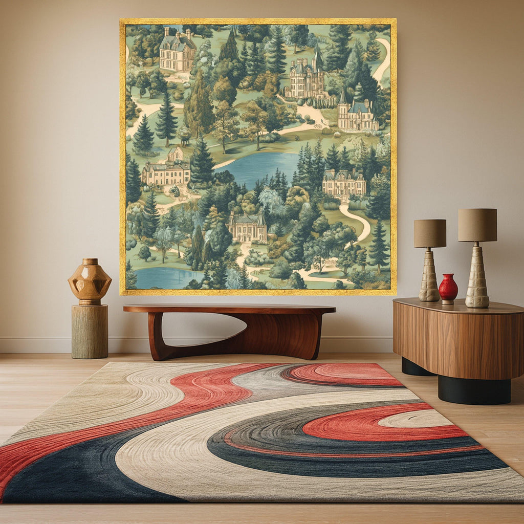 Vintage Estate Landscape Canvas, European Manor Houses Wall Art, Scenic Garden and Lake Painting, Classic Architectural Ready To Hang,