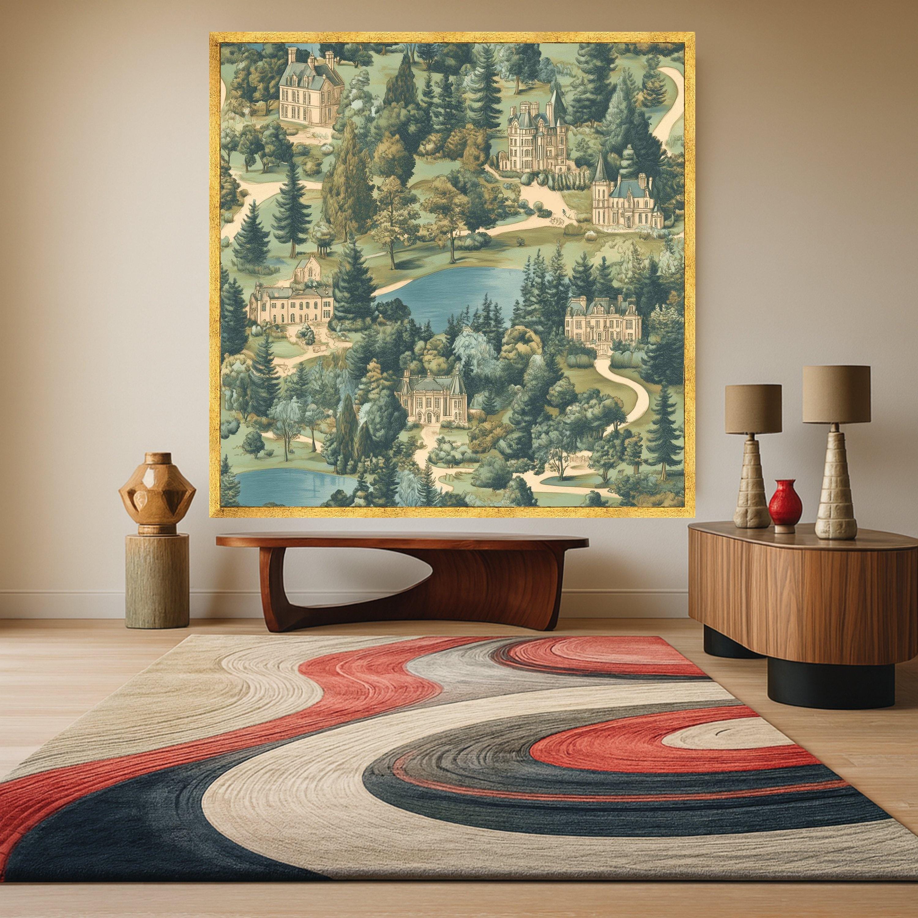 Vintage Estate Landscape Canvas, European Manor Houses Wall Art, Scenic Garden and Lake Painting, Classic Architectural Ready To Hang,