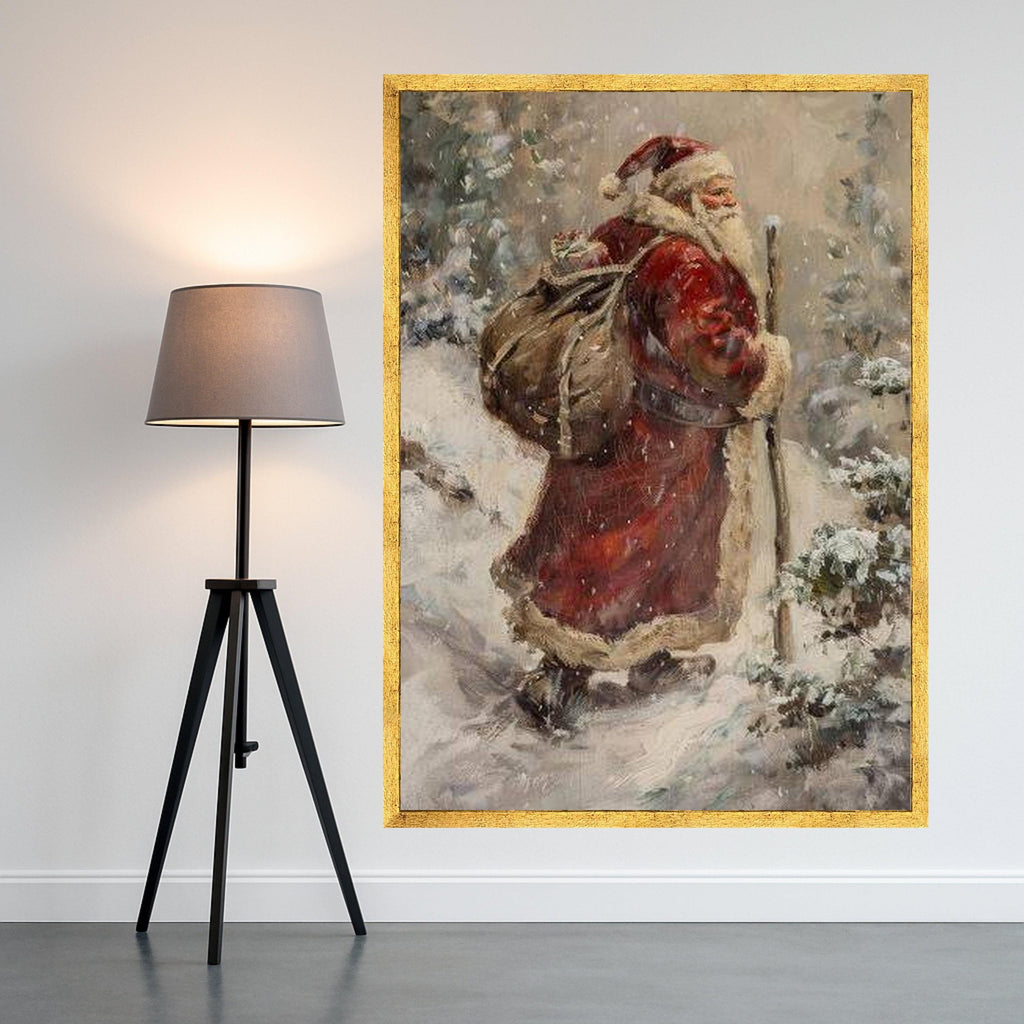 Vintage Santa Claus Canvas, Christmas Holiday Wall Art, Snowy Winter Scene, Santa with Sack Canvas, Festive Seasonal Ready To Hang,