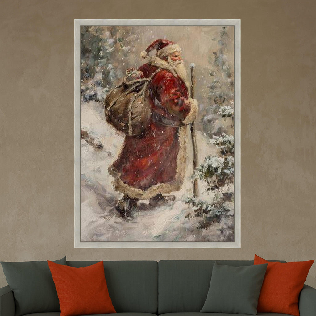 Vintage Santa Claus Canvas, Christmas Holiday Wall Art, Snowy Winter Scene, Santa with Sack Canvas, Festive Seasonal Ready To Hang,