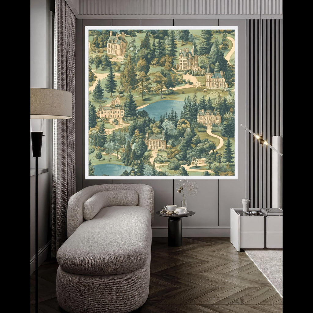 Vintage Estate Landscape Canvas, European Manor Houses Wall Art, Scenic Garden and Lake Painting, Classic Architectural Ready To Hang,