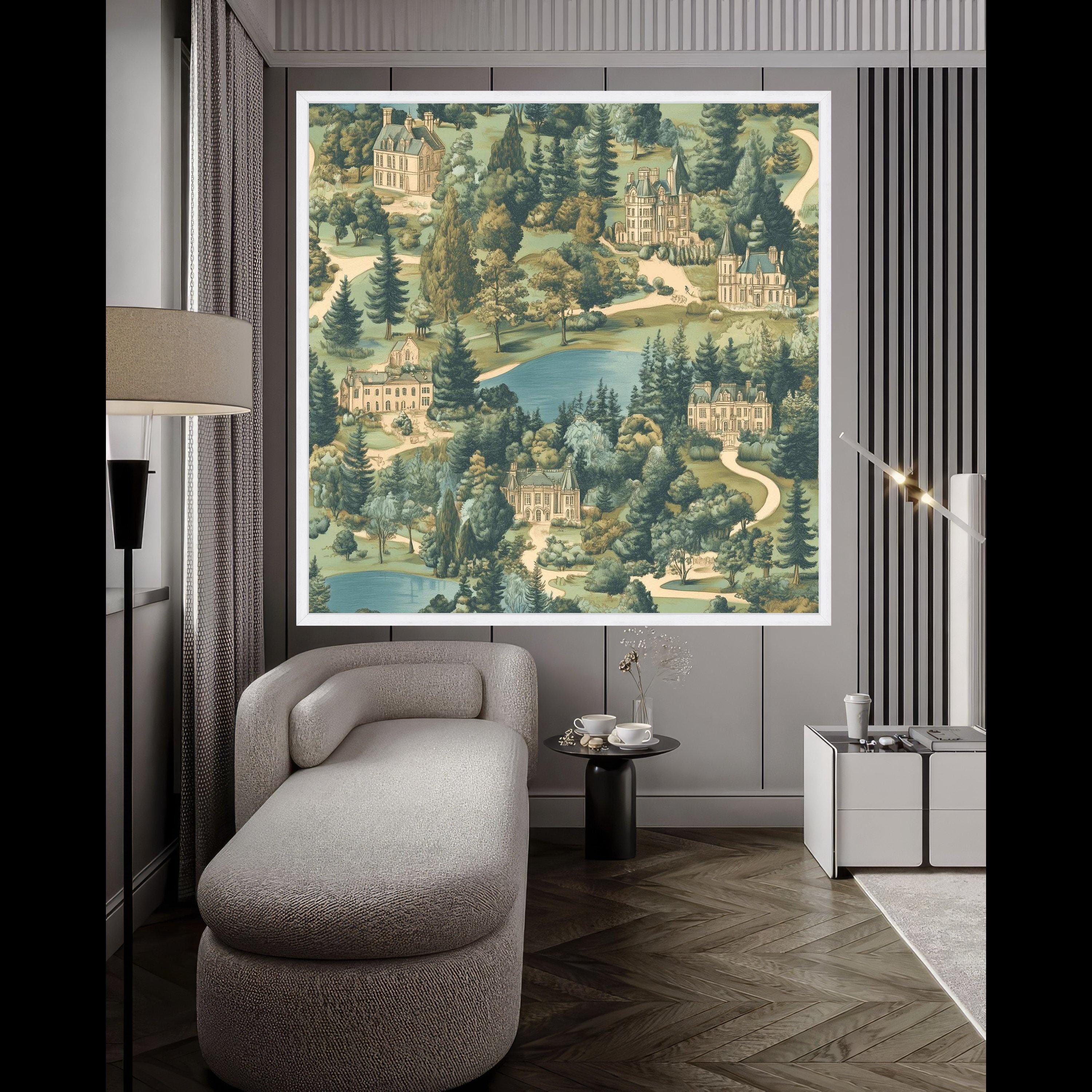 Vintage Estate Landscape Canvas, European Manor Houses Wall Art, Scenic Garden and Lake Painting, Classic Architectural Ready To Hang,
