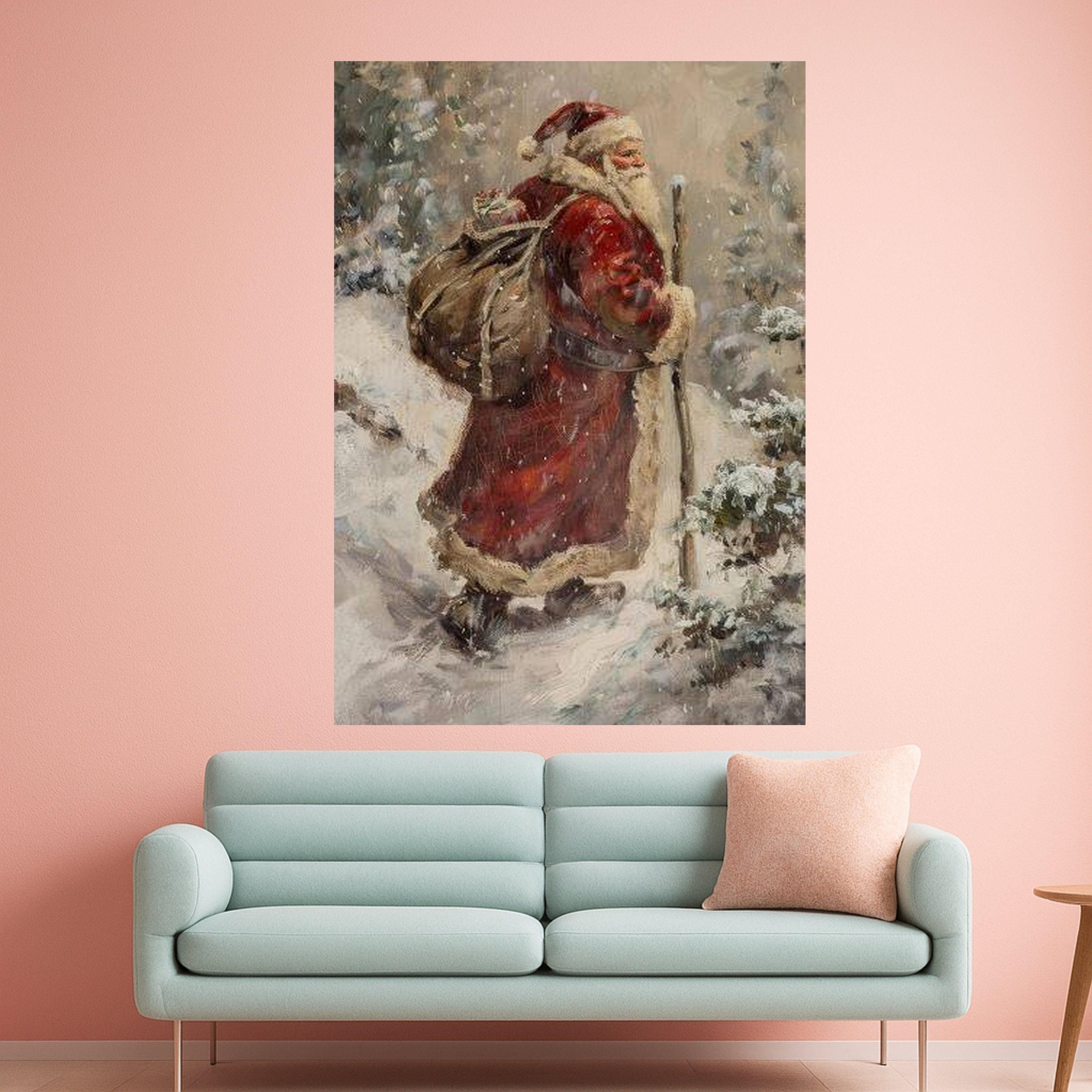 Vintage Santa Claus Canvas, Christmas Holiday Wall Art, Snowy Winter Scene, Santa with Sack Canvas, Festive Seasonal Ready To Hang,